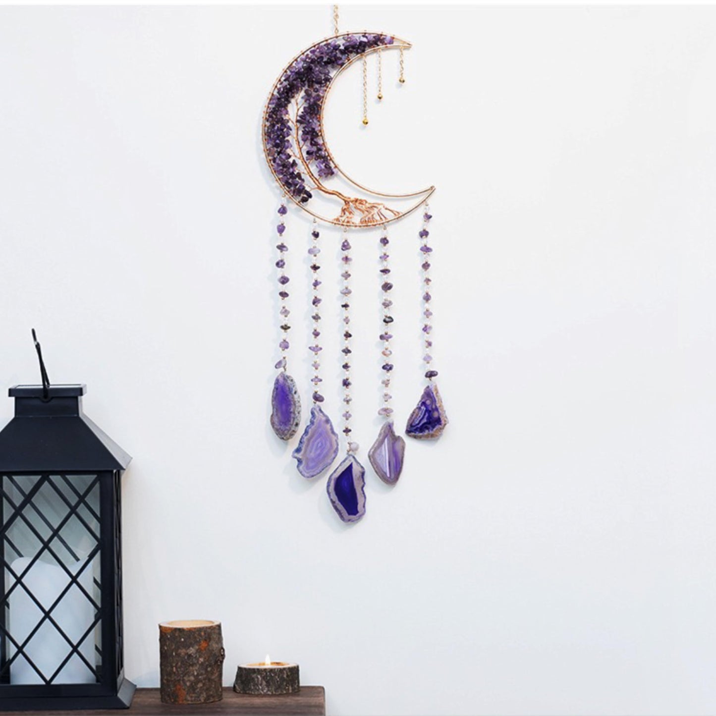 Moon Crystals Tree of Life Dream Catchers,Natural Gem Agate Wall Hangings for Windows Garden Home Décor (New moon shape)