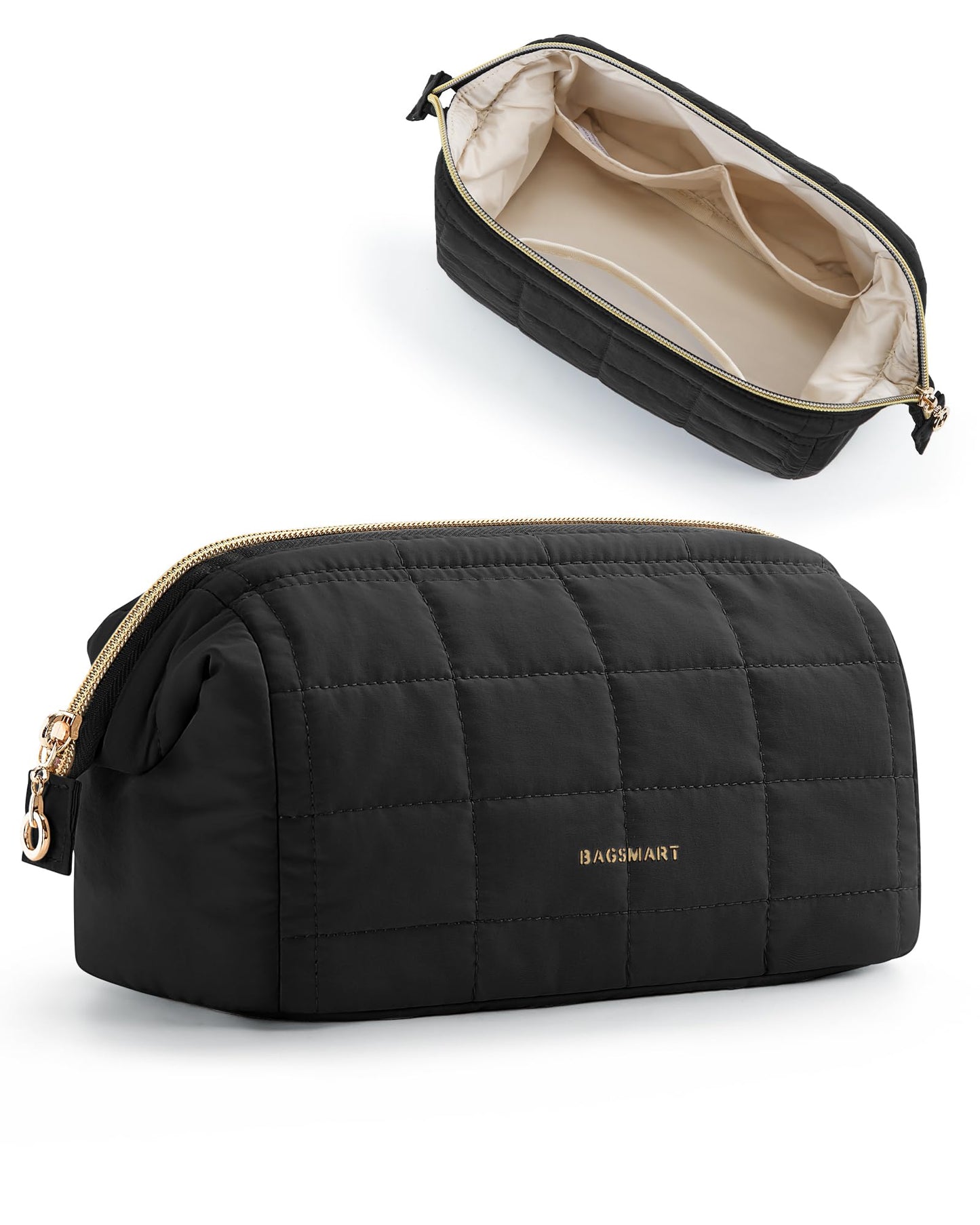 BAGSMART Makeup Bag Travel Cosmetic Bag, Puffy Padded Make Up Bags for Women, Large Capacity Wide-Open Travel-Size Toiletries Pouch, Purple