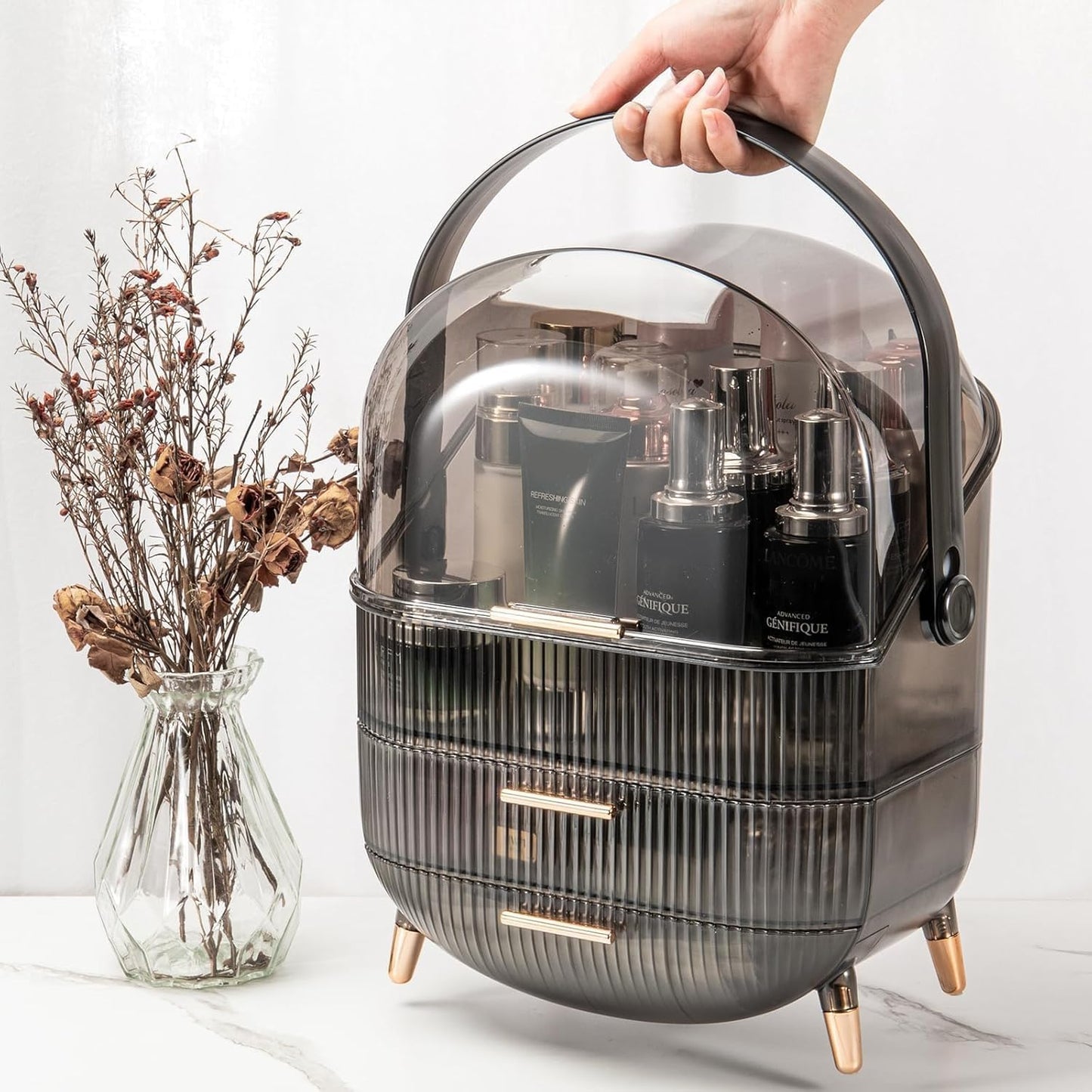 Makeup Organizer Box, Clear Cover Cosmetic Display Case with Two Tier Storage Box and Brush Storage Box, Skincare Organizers for Bathroom Countertop, Bedroom Vanity Desk and Travel (White)