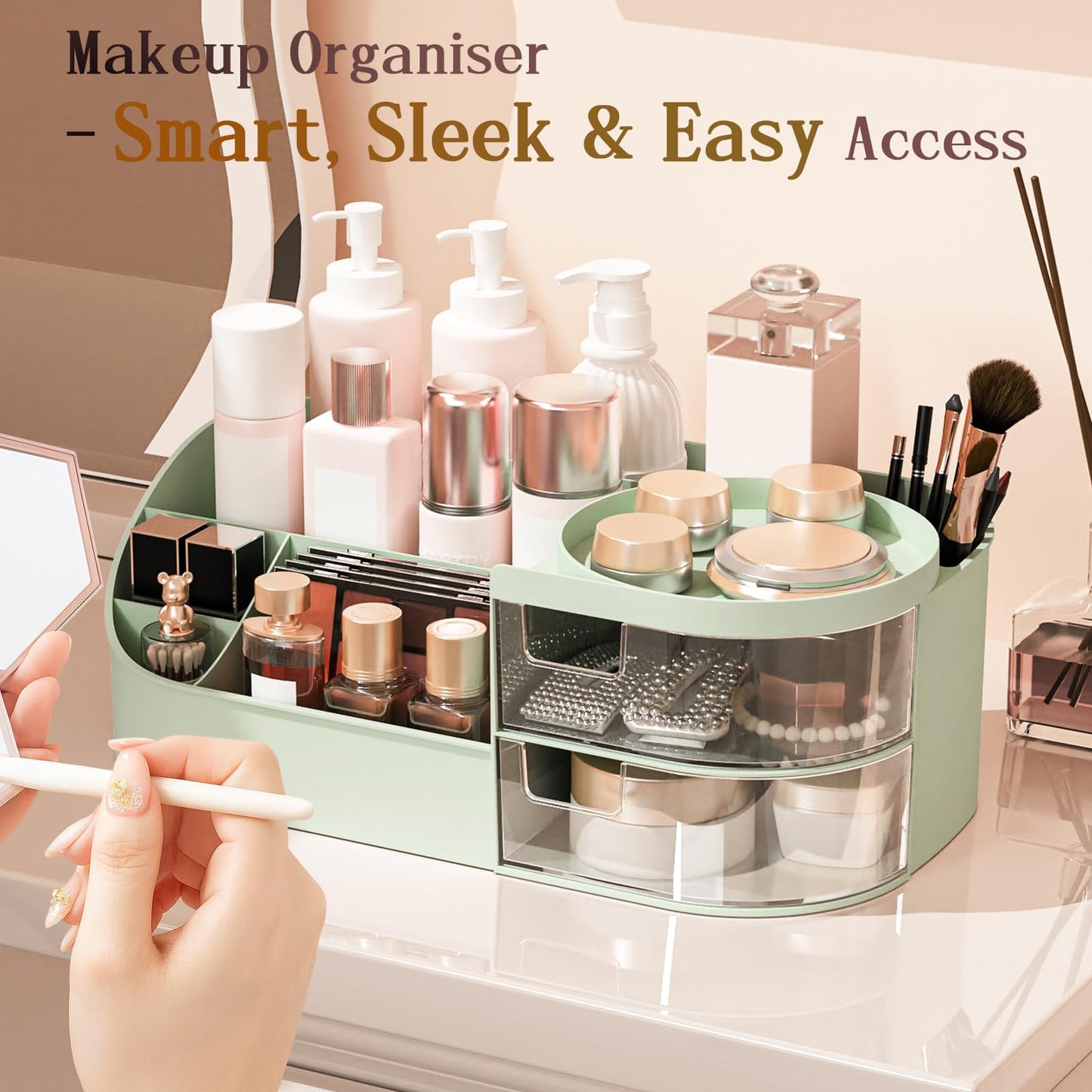 Makeup Organiser, Large Capacity Cosmetic Organisers for Beauty Skincare Jewelry, Make Up Storage Cosmetic Dressing Table Organiser Makeup Box with Drawer for Bedroom Bathroom Dresser Office (White)