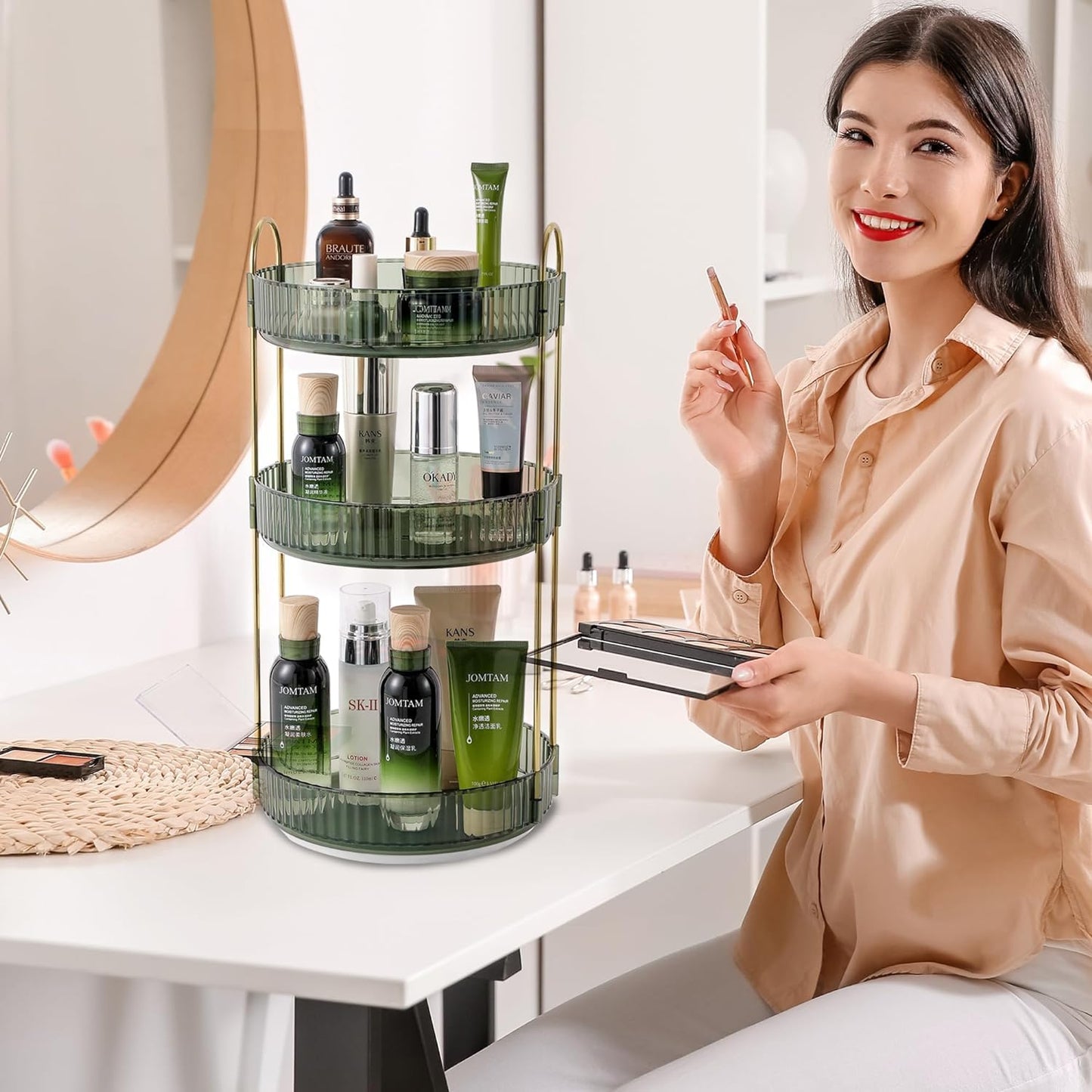 Rotating Makeup Organizer for Vanity, Large Skincare Make Up Storage Perfume Organizers for Bathroom Counter, Clear Cosmetic Lipstick Toiletry Dresser Organizer Spinning Holder