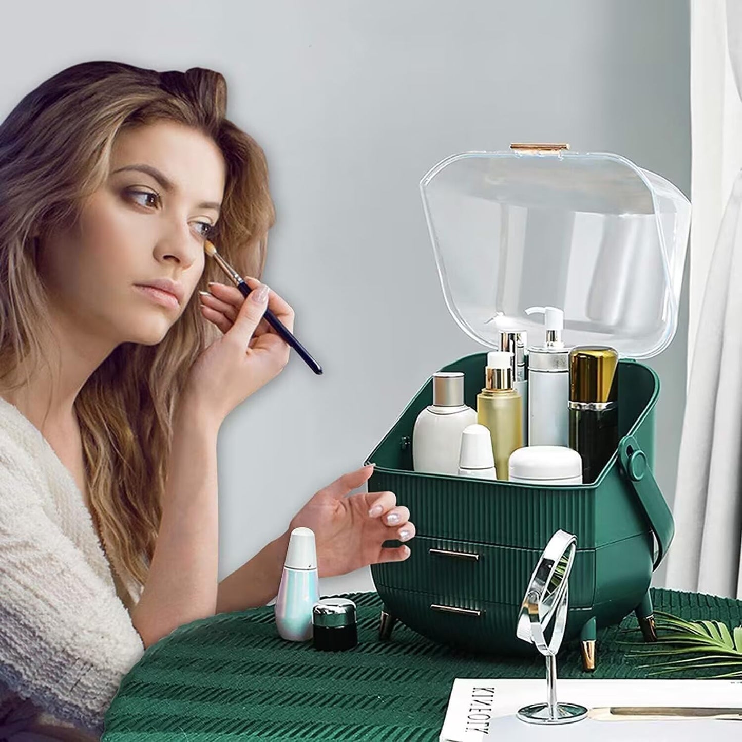 Makeup Organizer Box, Clear Cover Cosmetic Display Case with Two Tier Storage Box and Brush Storage Box, Skincare Organizers for Bathroom Countertop, Bedroom Vanity Desk and Travel (White)