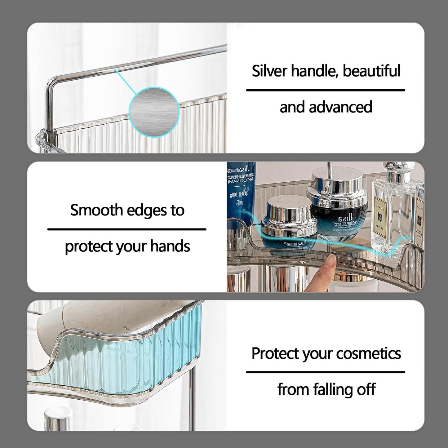 Bingobang Makeup Organiser Corner Trays, 3 Tiers Skincare Cosmetic Organizer Acrylic Large, Storage Tidy for Lipstick, Nail Care, Perfume, Brush, Vanity Dresser, Bedroom, Kitchen, Bathroom(Grey)