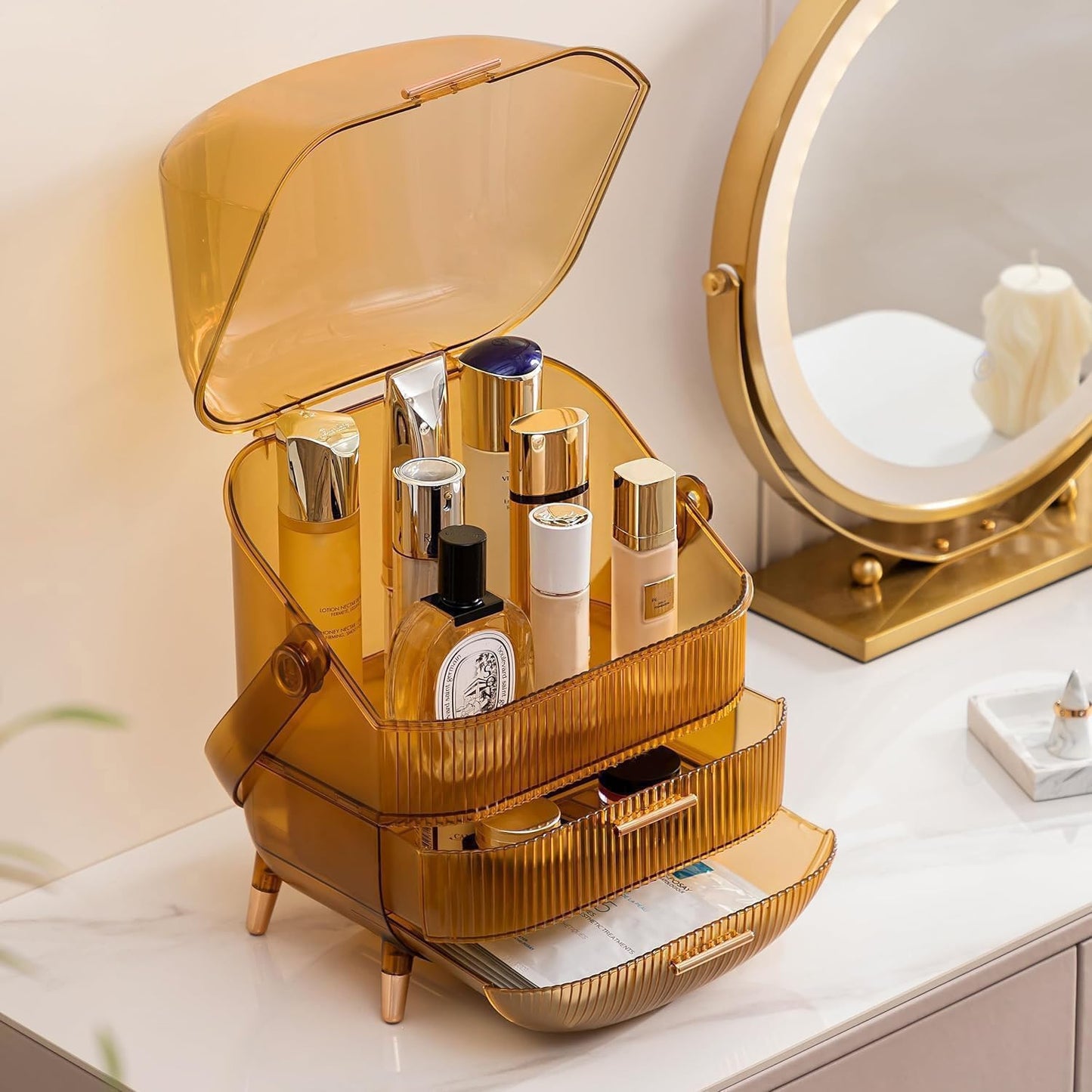 Makeup Organizer Box, Clear Cover Cosmetic Display Case with Two Tier Storage Box and Brush Storage Box, Skincare Organizers for Bathroom Countertop, Bedroom Vanity Desk and Travel (White)