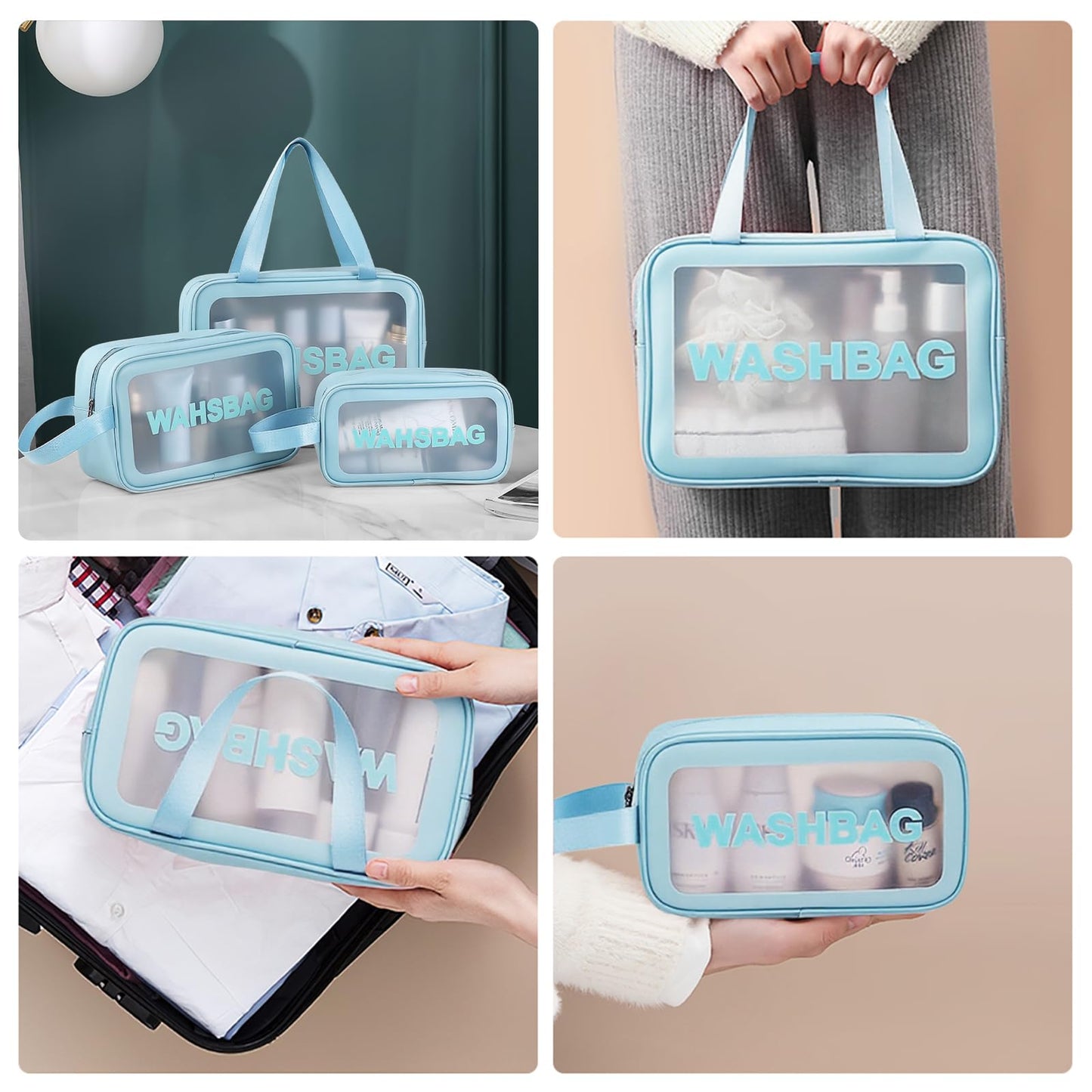 3PCS Clear Toiletry Bag, Wash Bag, Clear PU Makeup Bags, Waterproof Toiletry Travel Bags with Zipper Handle, Portable Airport Cosmetic B-ag for Travel Bathroom Men Women（Blue）