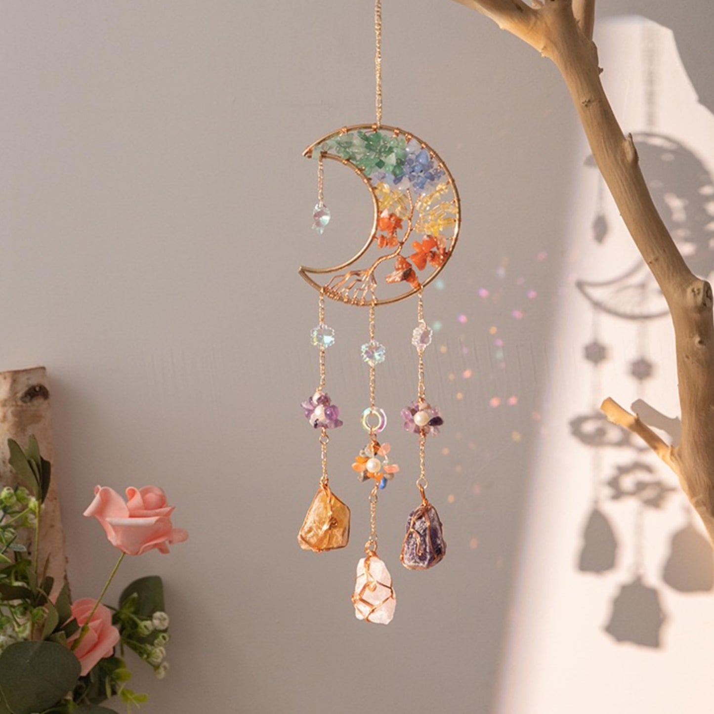 Moon Crystals Tree of Life Dream Catchers,Natural Gem Agate Wall Hangings for Windows Garden Home Décor (New moon shape)