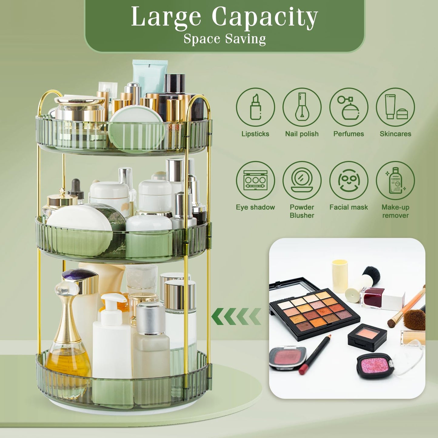 Boxalls Make up Organiser 360° Rotating, 3 Tier Large Capacity Bathroom Organizer, Cosmetics Vanity Storage, Dressing Table Organiser, Skincare Spinning Carousel for Skincare Perfume (3 Tiers, Green)