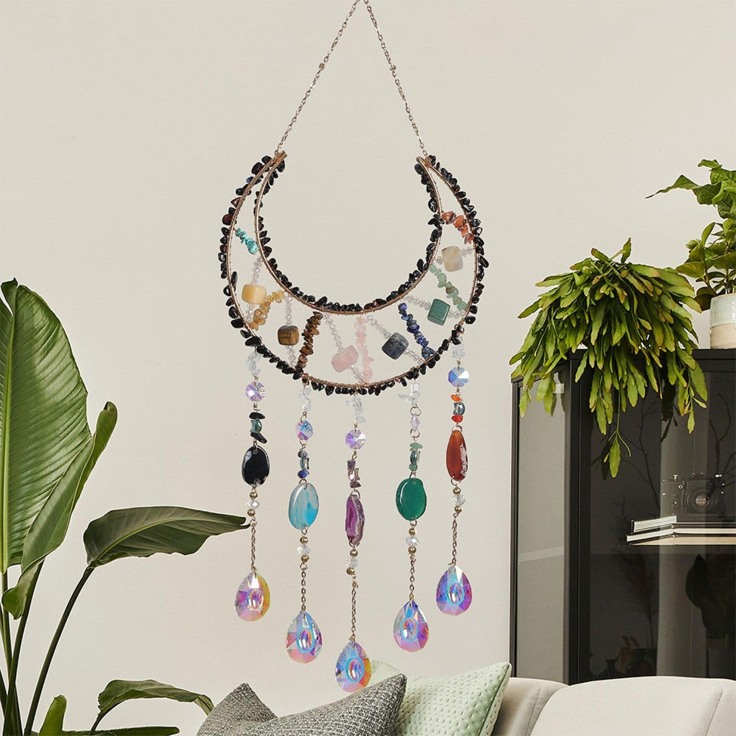 Moon Crystals Tree of Life Dream Catchers,Natural Gem Agate Wall Hangings for Windows Garden Home Décor (New moon shape)