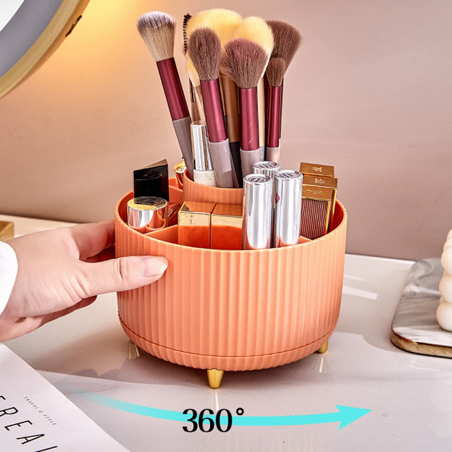 Rotating Makeup Brush Organizer Spinning Make up Brush Stand Holder 5 Slot Decorative Stationery Storage Boxes Cosmetics Display Organiser for Brushes Lipsticks Pencils Comb