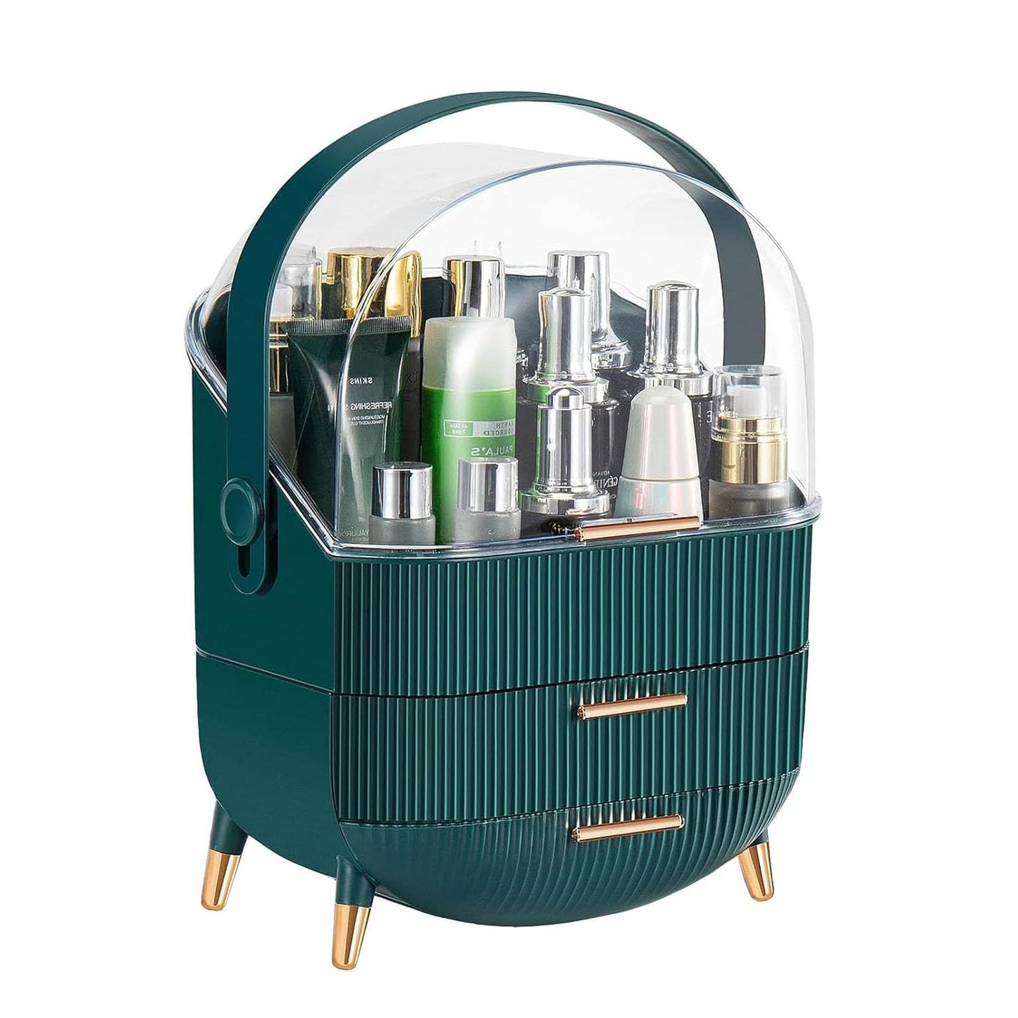 Makeup Organizer Box, Clear Cover Cosmetic Display Case with Two Tier Storage Box and Brush Storage Box, Skincare Organizers for Bathroom Countertop, Bedroom Vanity Desk and Travel (White)