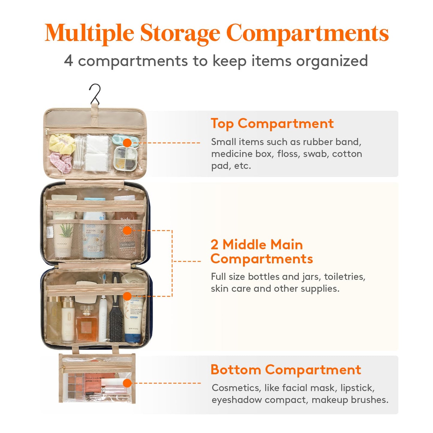 Lifewit Travel Toiletry Bag, Large Hanging Makeup Bag Organizer for Women, Transparent Travel Cosmetic Bag with Hanging Hook for Full Size Bottles, Vacation Essentials, Medium,Dark Blue