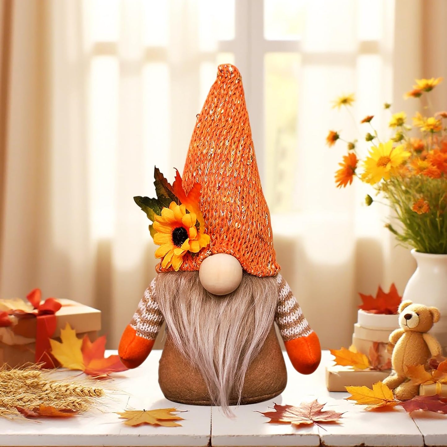 Feibety 2Pcs Autumn Gonk Decorations,Fall Harvest Plush Handmade Sunflower Maple Leaf Elf Dwarf Decor for Home Decor,Handmade Harvest Themed Decor for Farmhouse Holiday Home Kitchen Party