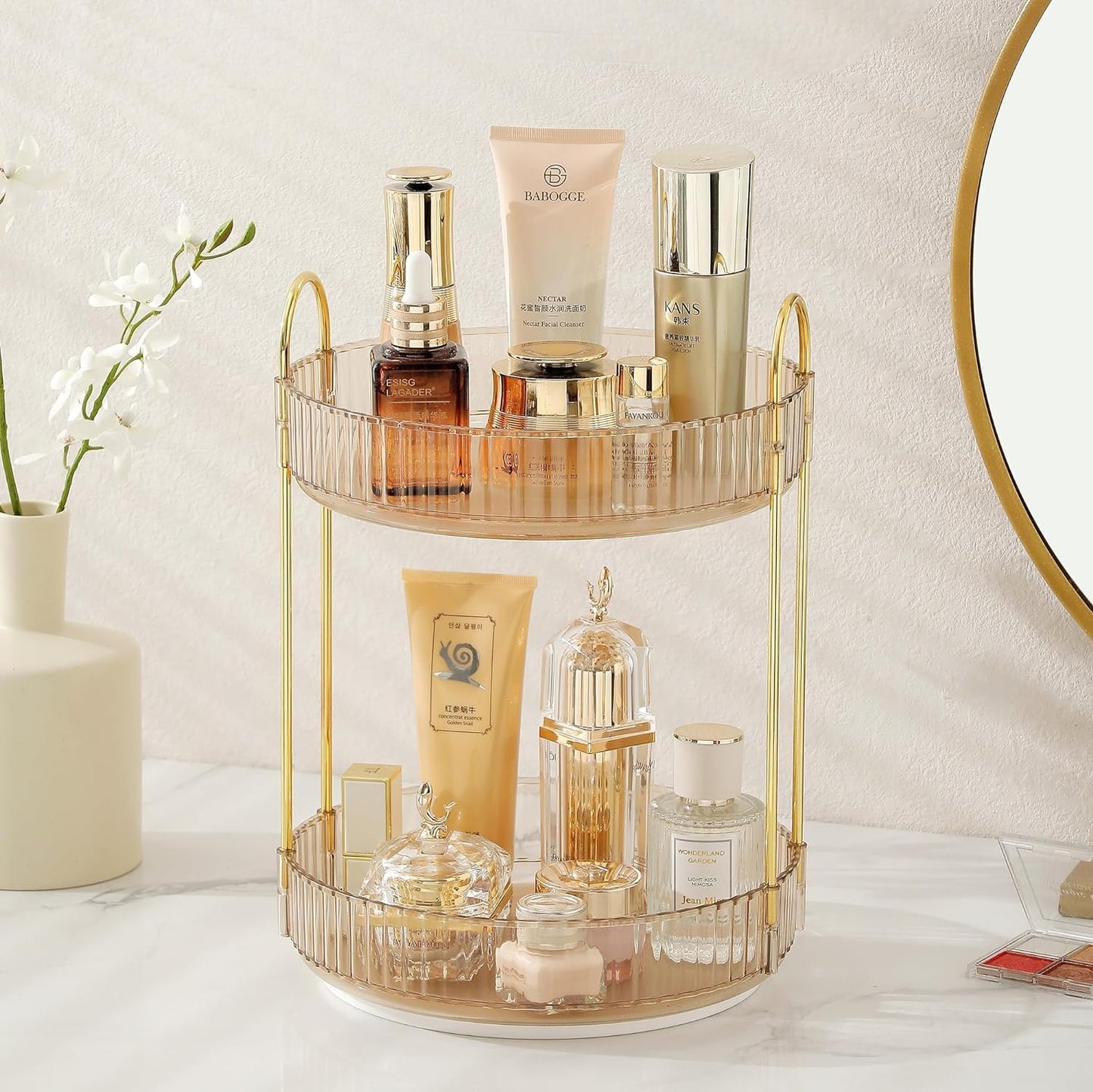 Rotating Makeup Organizer for Vanity, Large Skincare Make Up Storage Perfume Organizers for Bathroom Counter, Clear Cosmetic Lipstick Toiletry Dresser Organizer Spinning Holder