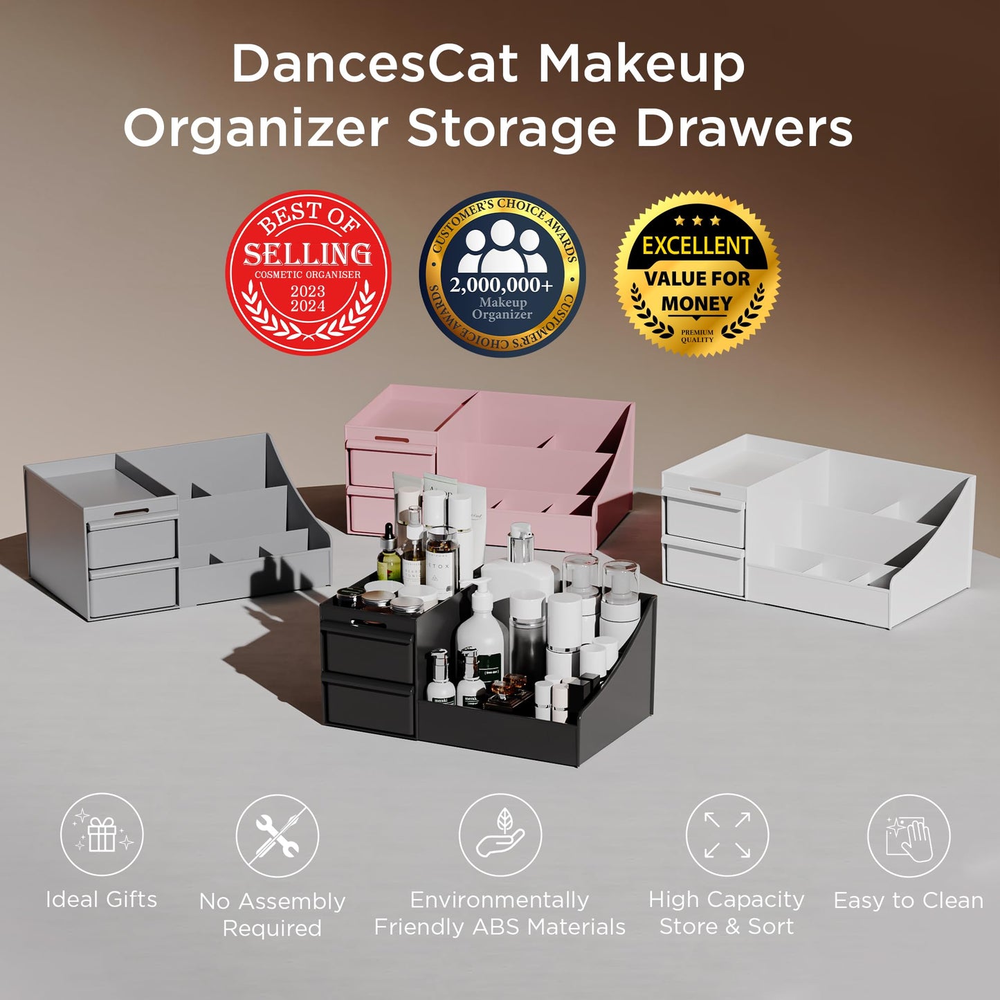 Makeup Organizer Storage Drawers, Large Capacity Cosmetic Organisers for Lipsticks, Jewelry, Nail Care, Skincare Organiser for Vanity, Ideal Desk Organizer for Dresser and Bathroom