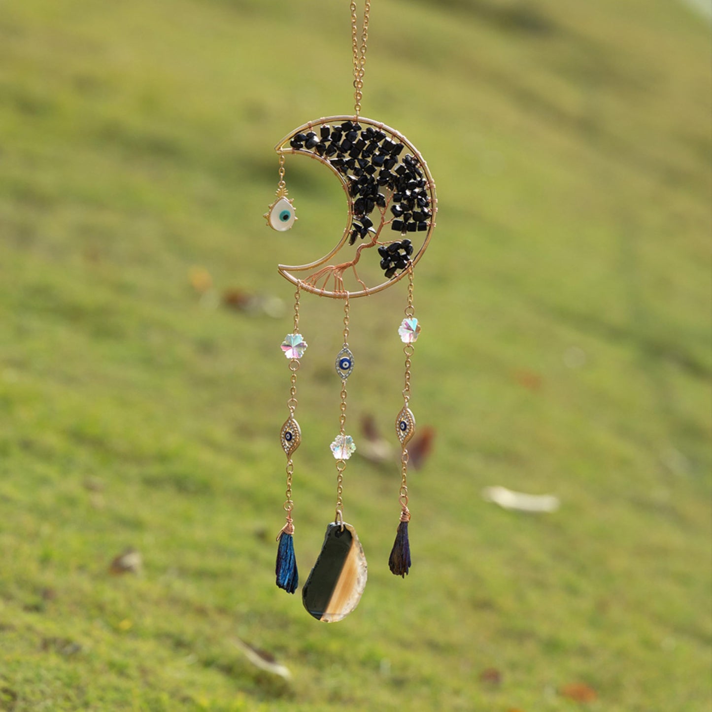 Moon Crystals Tree of Life Dream Catchers,Natural Gem Agate Wall Hangings for Windows Garden Home Décor (New moon shape)