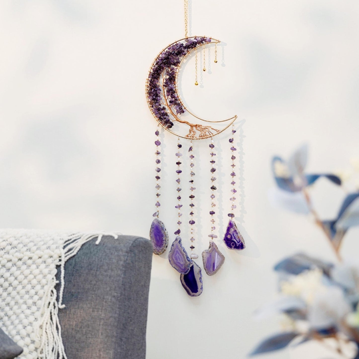 Moon Crystals Tree of Life Dream Catchers,Natural Gem Agate Wall Hangings for Windows Garden Home Décor (New moon shape)