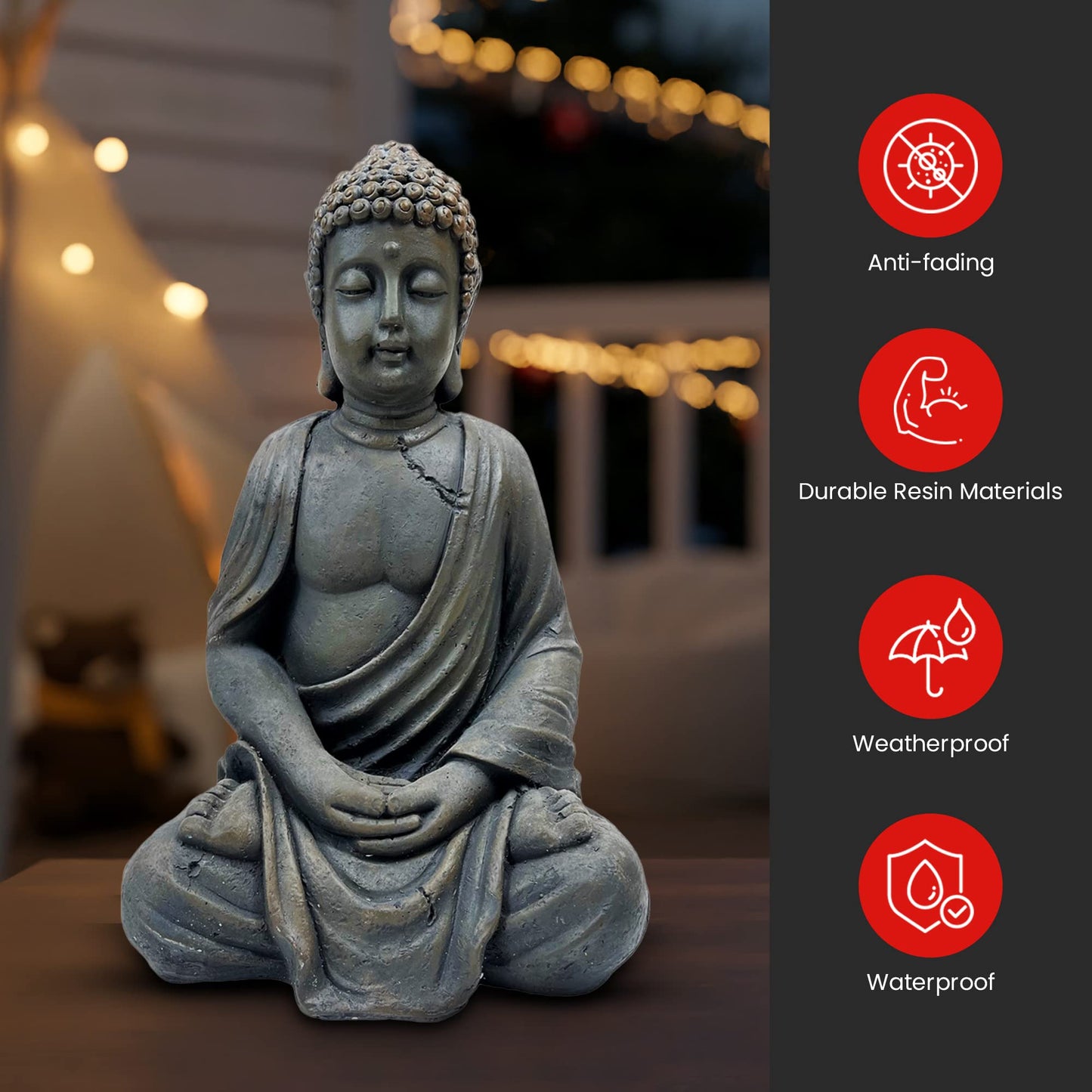 Sitting Buddha Garden Ornament Outdoor Statue Indoor Home Decor Bronzed Effect Figurine Table top Thai Meditating Décor Zen Weather Resistant 25cm Tall