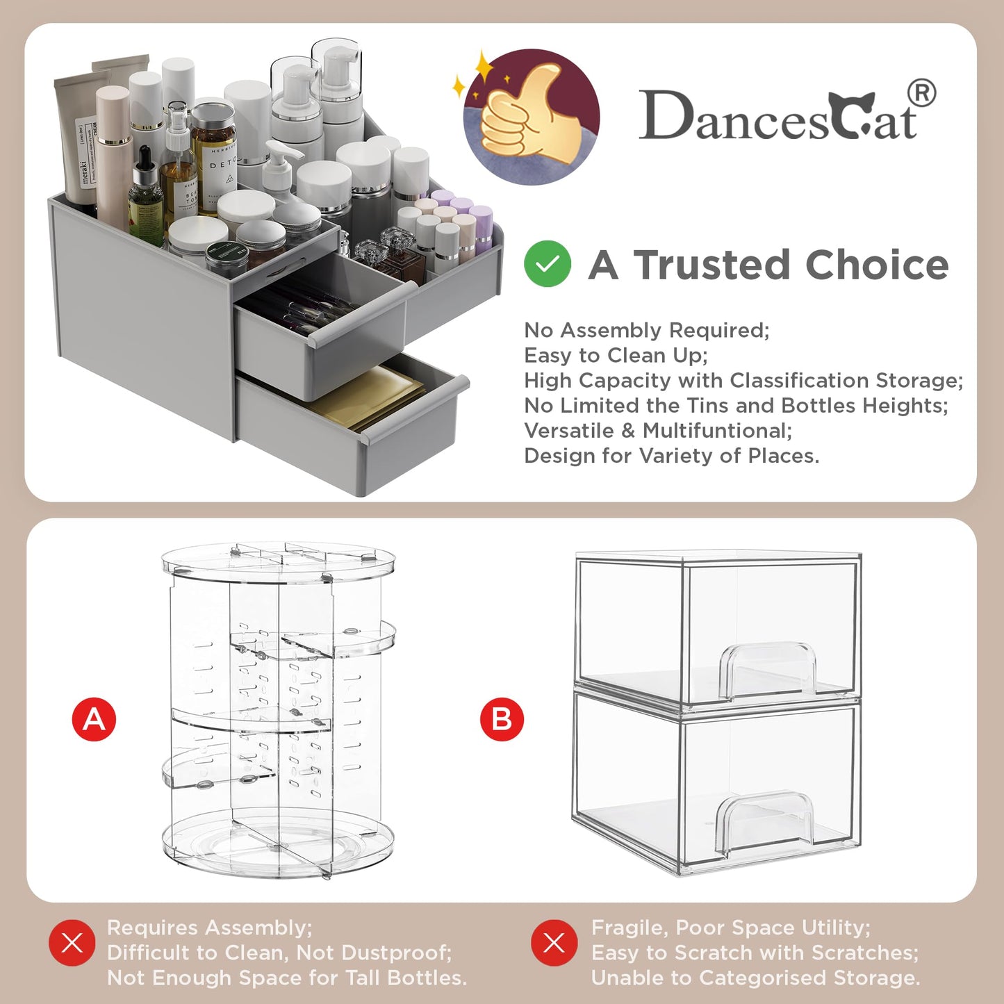 Makeup Organizer Storage Drawers, Large Capacity Cosmetic Organisers for Lipsticks, Jewelry, Nail Care, Skincare Organiser for Vanity, Ideal Desk Organizer for Dresser and Bathroom