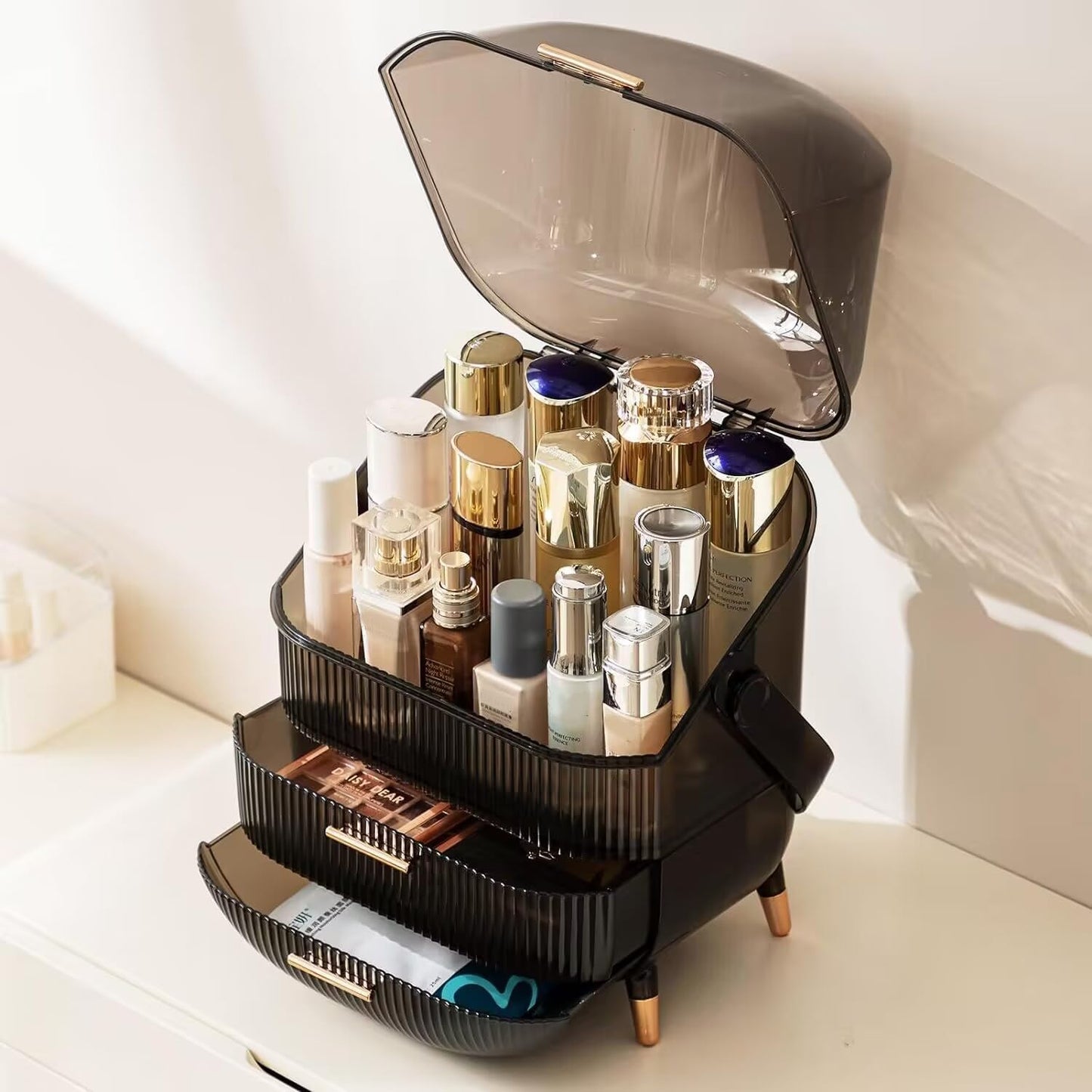 Makeup Organizer Box, Clear Cover Cosmetic Display Case with Two Tier Storage Box and Brush Storage Box, Skincare Organizers for Bathroom Countertop, Bedroom Vanity Desk and Travel (White)