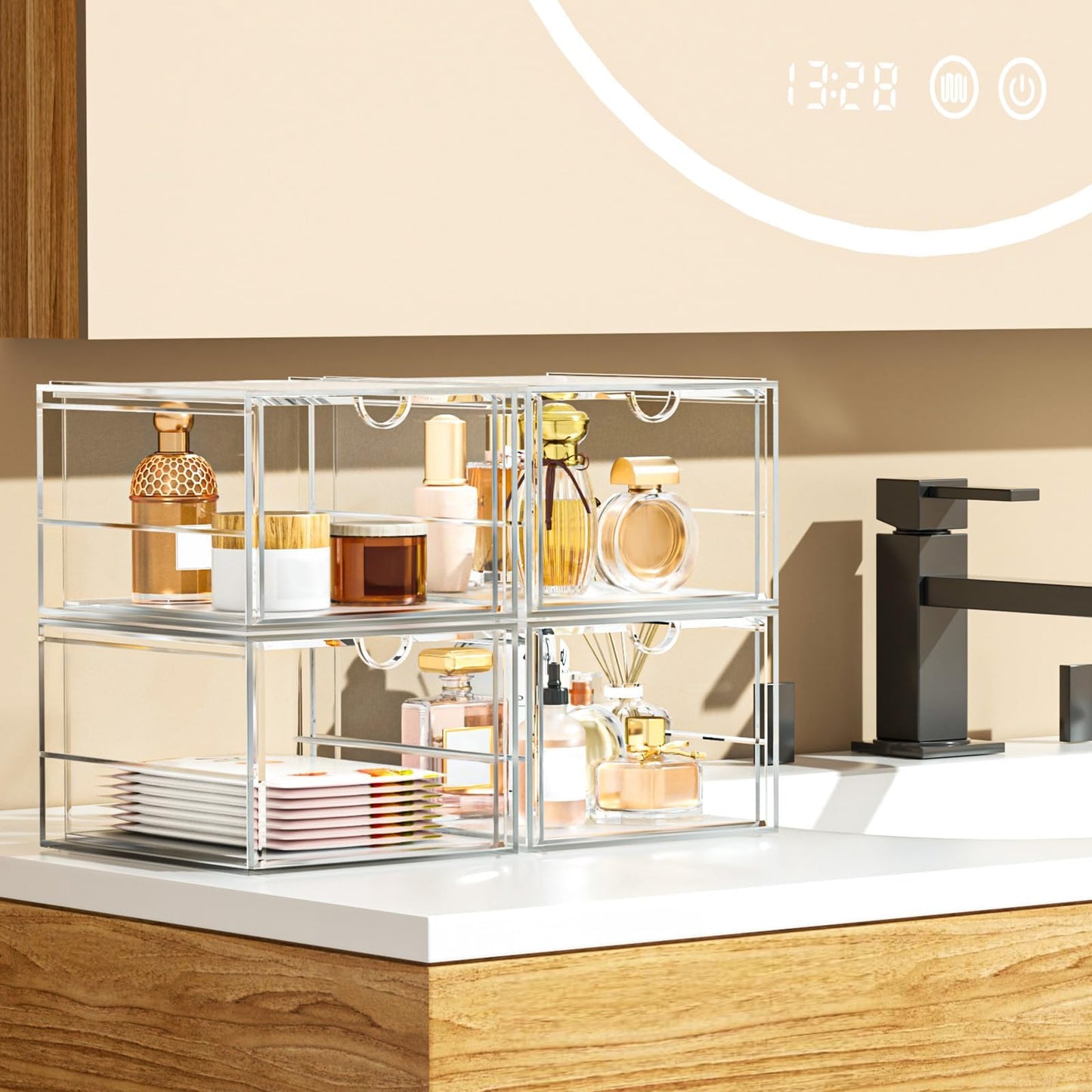 2 Pack Stackable Storage Drawers, Cosmetic Organizer, Make Up Organiser Storage, Perfume Organiser Dustproof Drawer Storage for Dresser, Bathroom, Desk