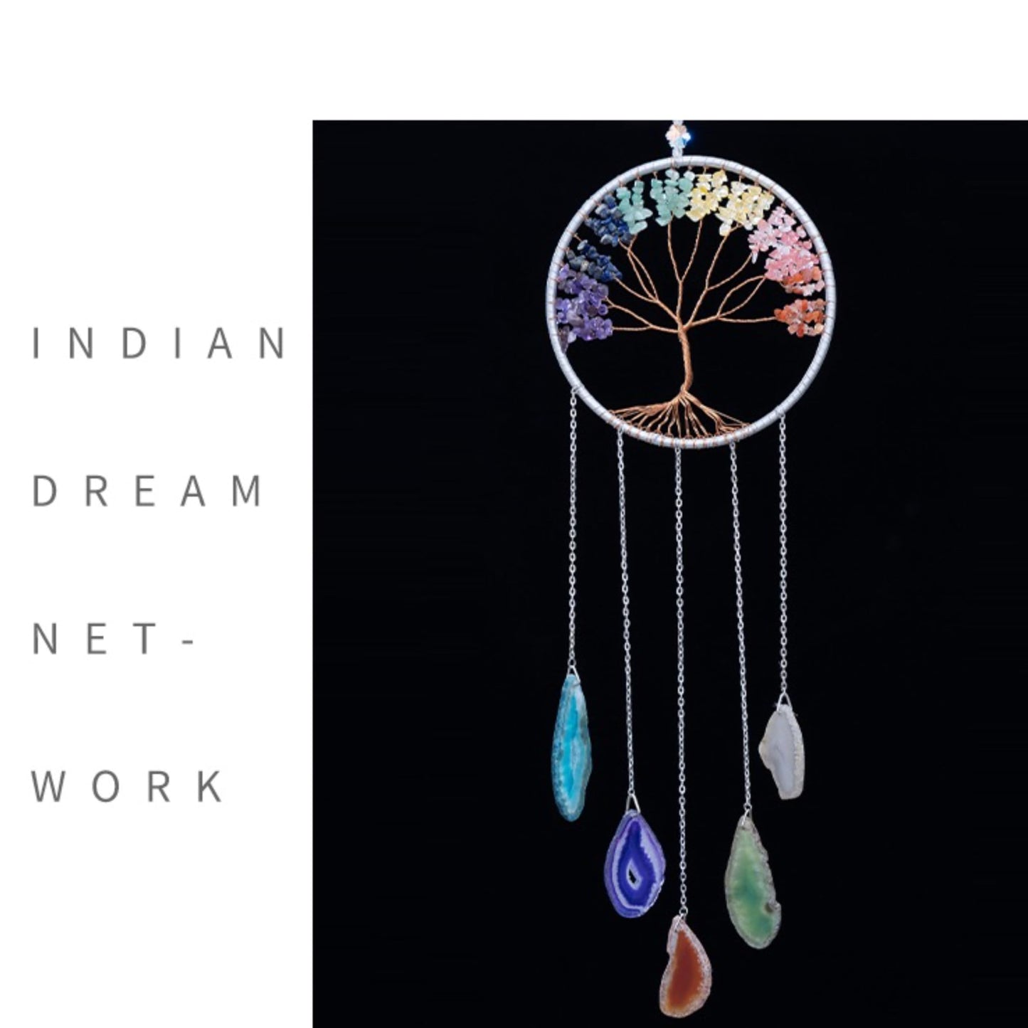 Moon Crystals Tree of Life Dream Catchers,Natural Gem Agate Wall Hangings for Windows Garden Home Décor (New moon shape)