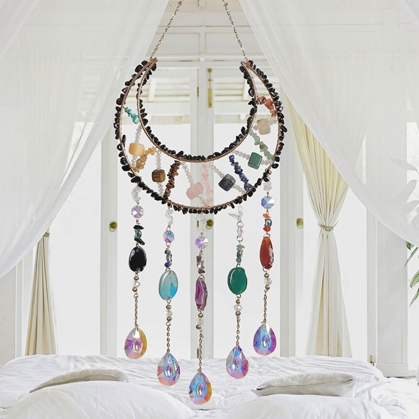 Moon Crystals Tree of Life Dream Catchers,Natural Gem Agate Wall Hangings for Windows Garden Home Décor (New moon shape)