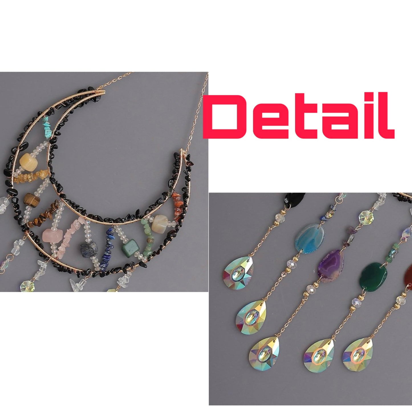 Moon Crystals Tree of Life Dream Catchers,Natural Gem Agate Wall Hangings for Windows Garden Home Décor (New moon shape)