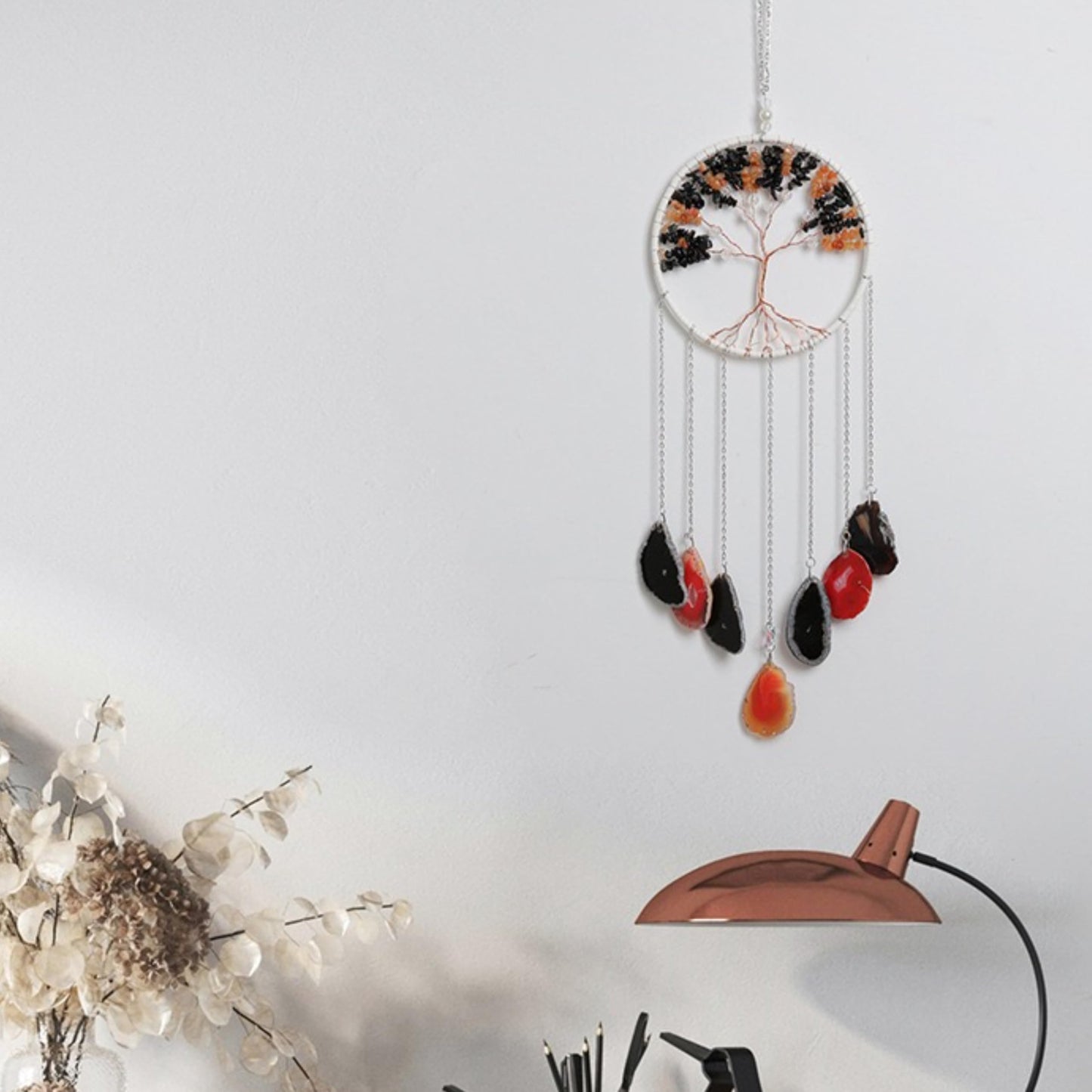 Moon Crystals Tree of Life Dream Catchers,Natural Gem Agate Wall Hangings for Windows Garden Home Décor (New moon shape)