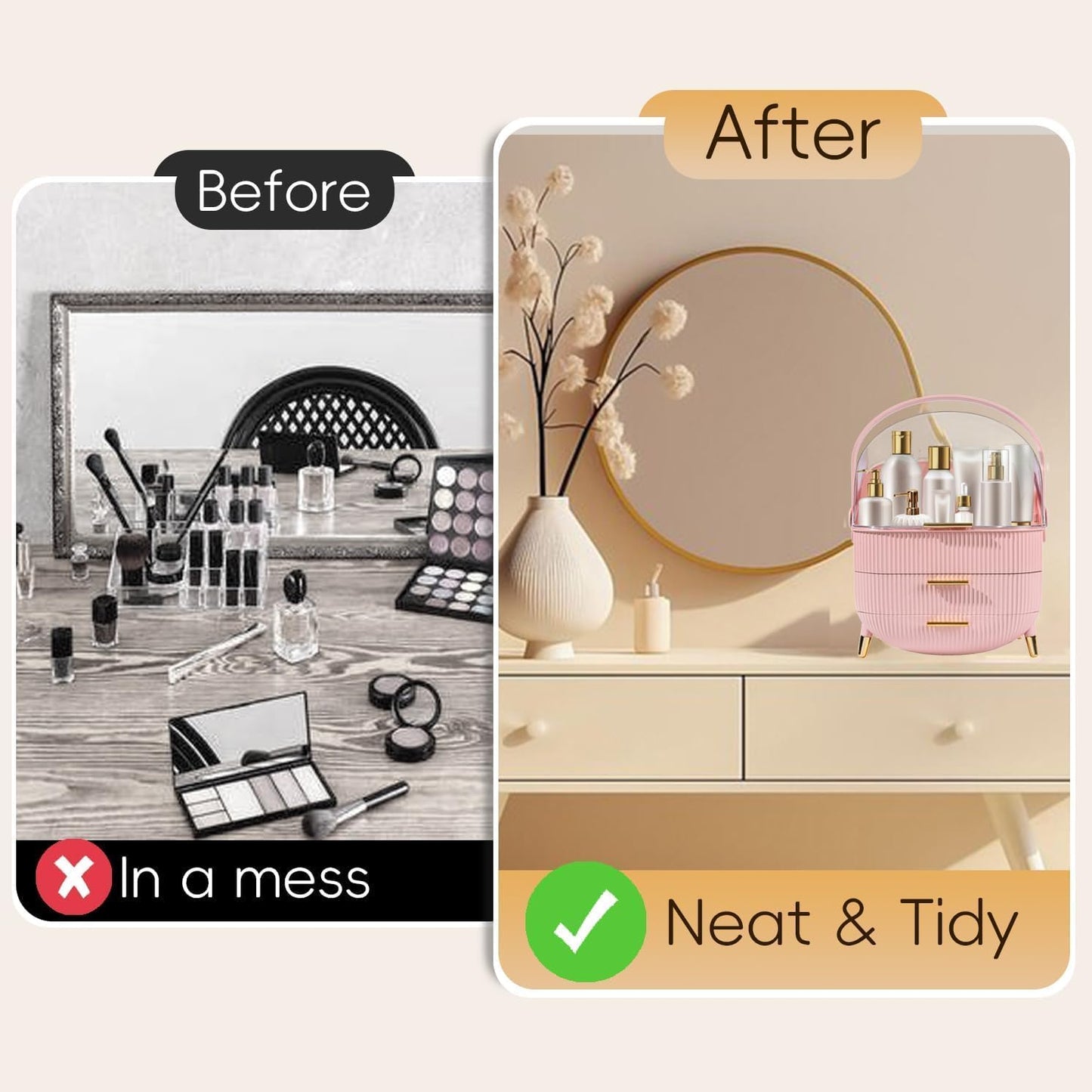 Makeup Organizer Box, Clear Cover Cosmetic Display Case with Two Tier Storage Box and Brush Storage Box, Skincare Organizers for Bathroom Countertop, Bedroom Vanity Desk and Travel (White)