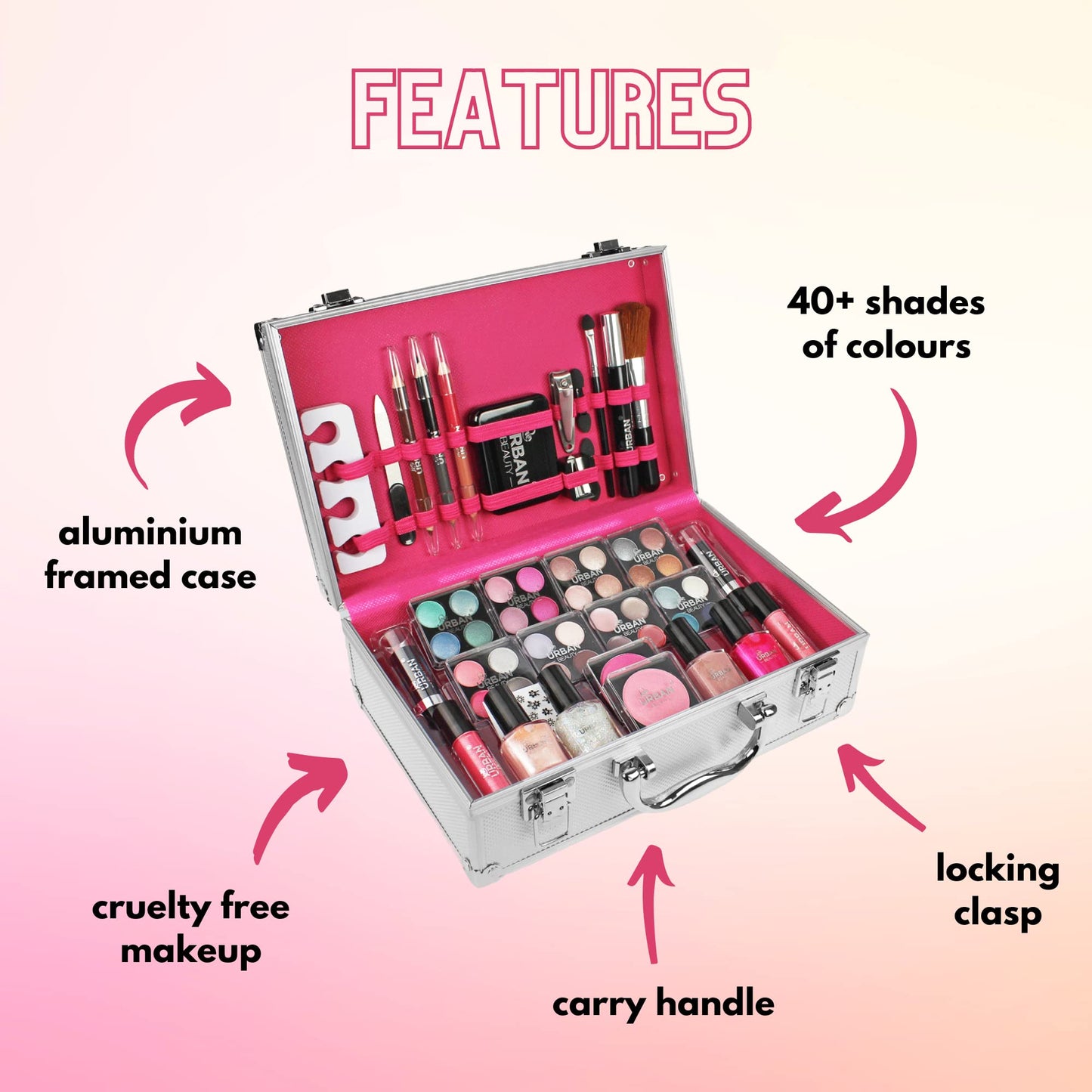 LOVE URBAN BEAUTY Dazzling Makeup Case – 60-Piece Makeup and Nail Set for Teenagers – Elegant Silver Box – Compact and Lightweight Design – Travel-Friendly Women’s Makeup Set