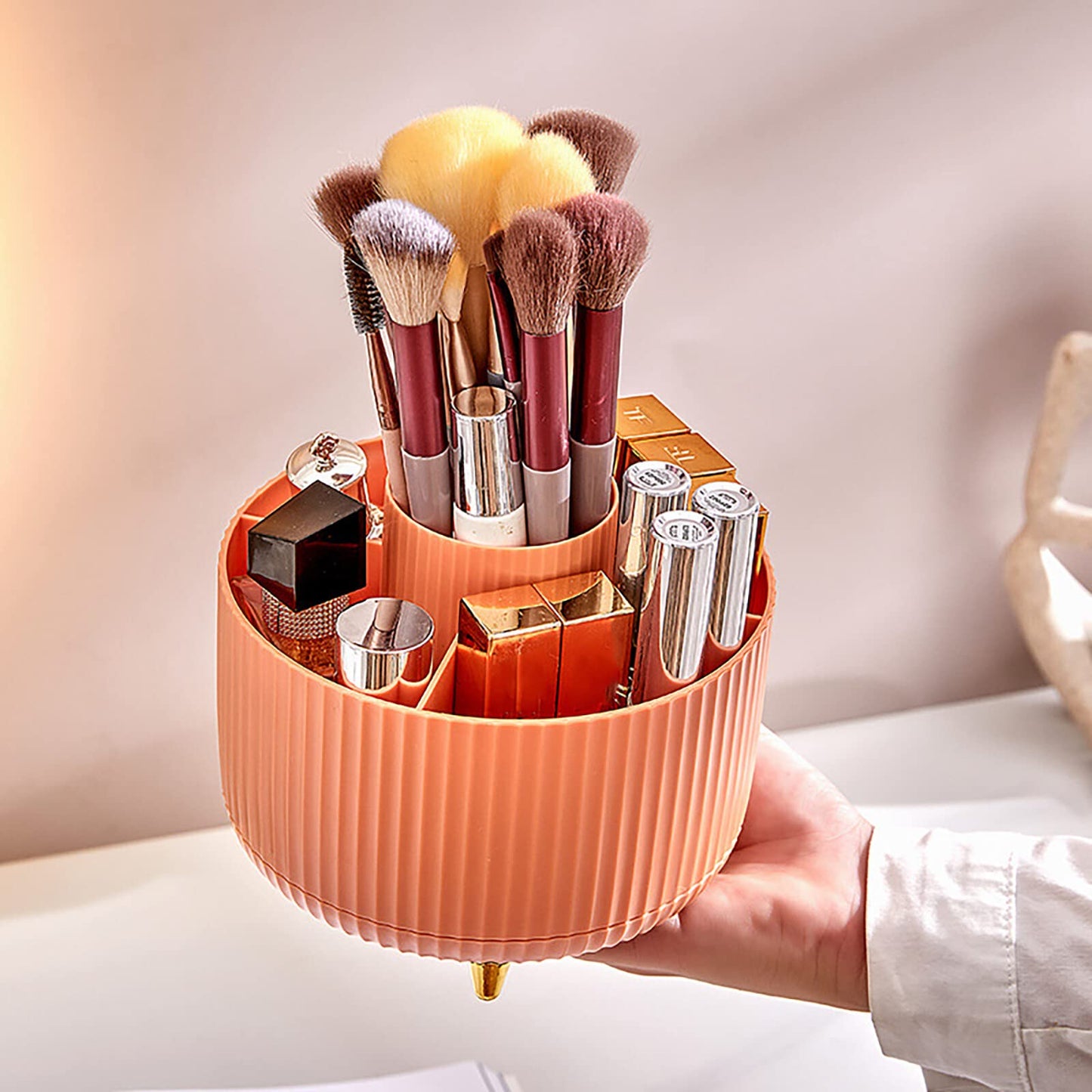 Rotating Makeup Brush Organizer Spinning Make up Brush Stand Holder 5 Slot Decorative Stationery Storage Boxes Cosmetics Display Organiser for Brushes Lipsticks Pencils Comb
