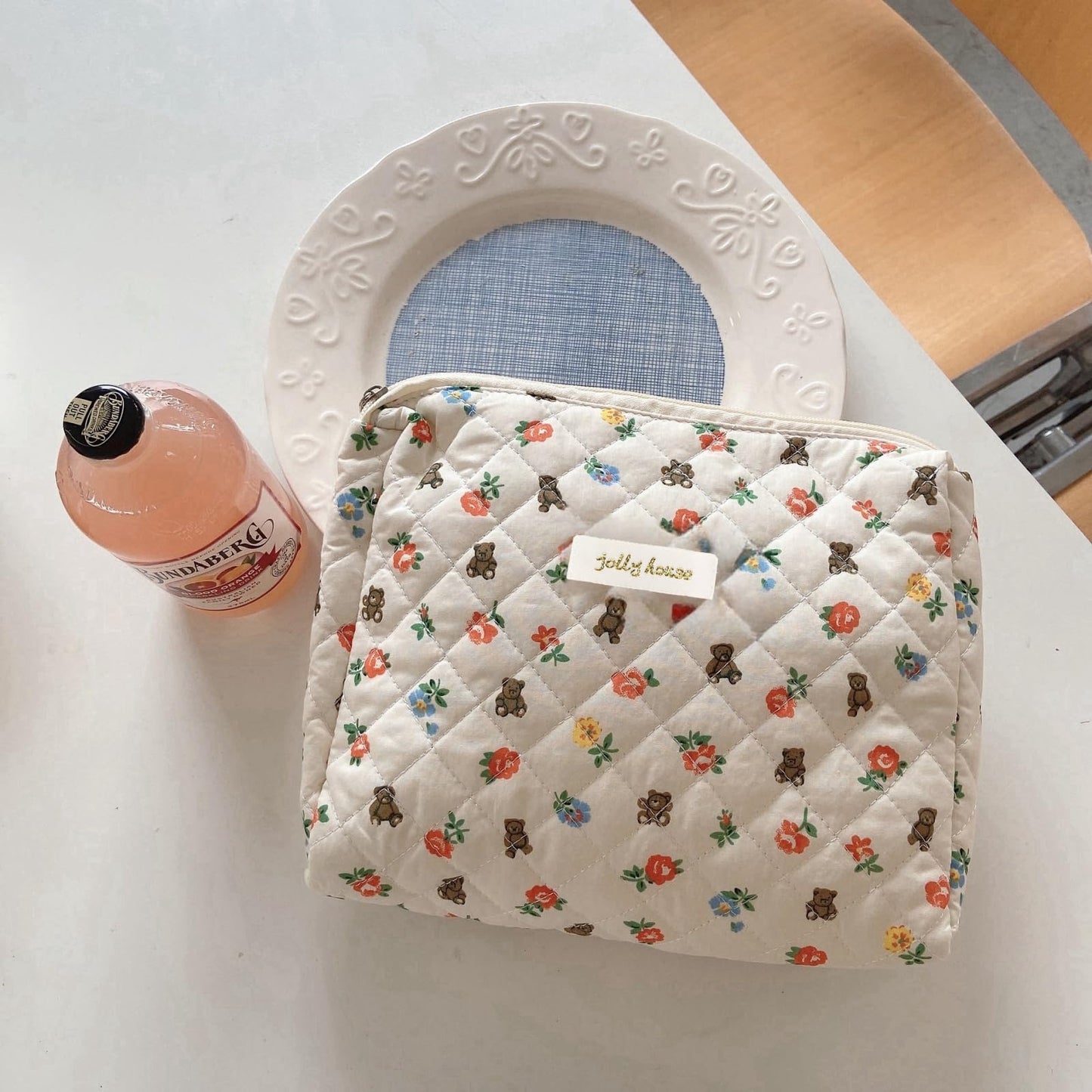 Aucuu Cotton Makeup Bag, Portable Travel Cosmetic Bag, Large Capacity Floral Toiletry Bags, Quilted Wash Bags Organizer for Women Girls