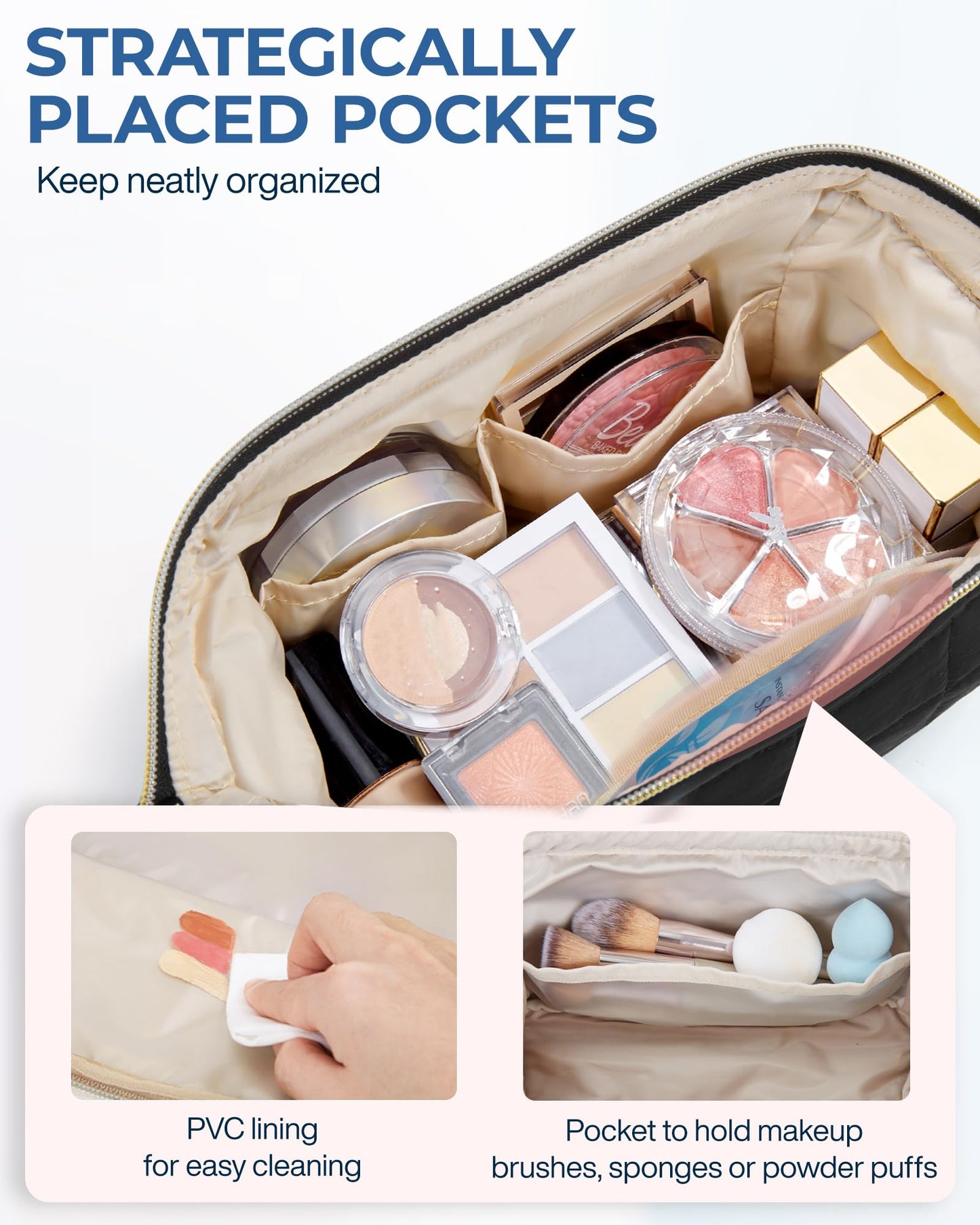 BAGSMART Makeup Bag Travel Cosmetic Bag, Puffy Padded Make Up Bags for Women, Large Capacity Wide-Open Travel-Size Toiletries Pouch, Purple