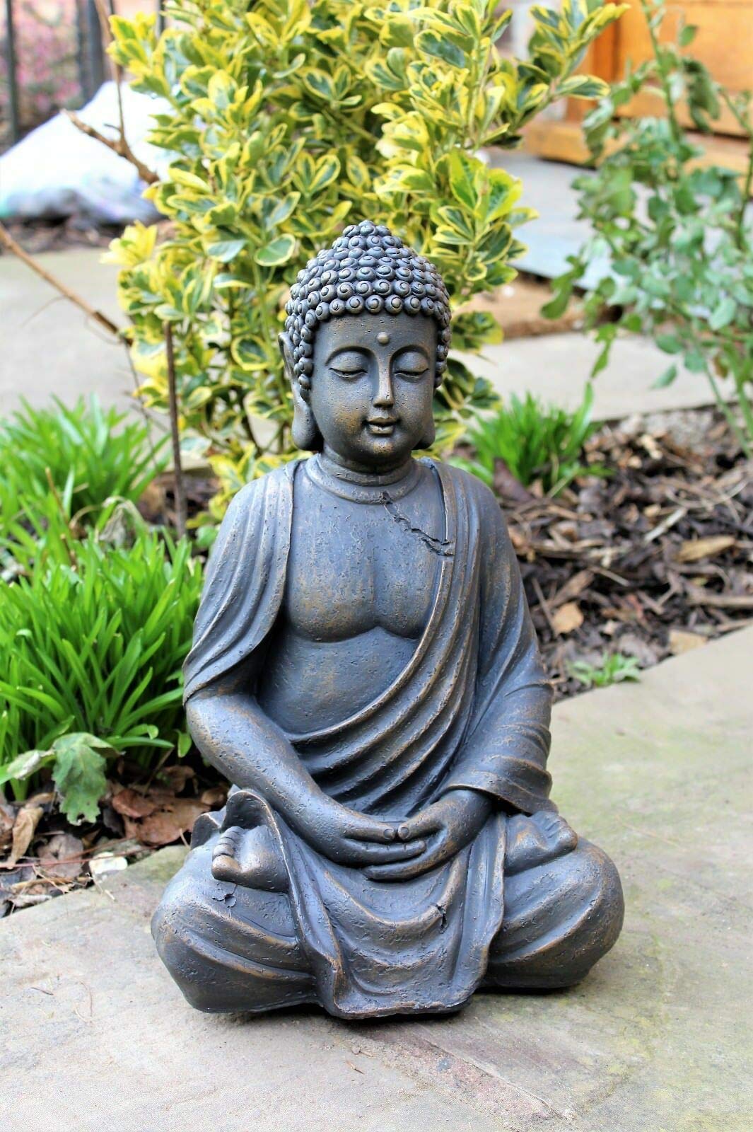 Sitting Buddha Garden Ornament Outdoor Statue Indoor Home Decor Bronzed Effect Figurine Table top Thai Meditating Décor Zen Weather Resistant 25cm Tall