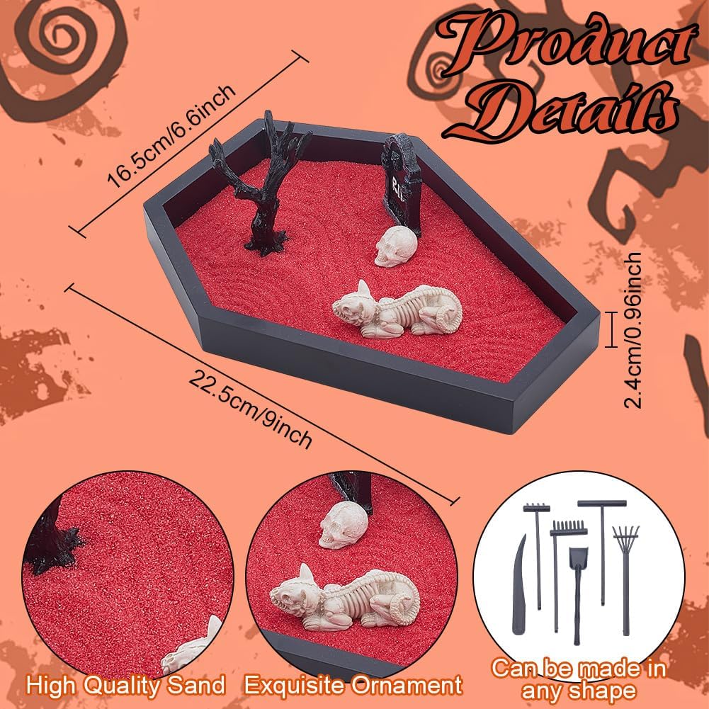 WEBEEDY Halloween Coffin Zen Garden Mini Sand Tray Kit for Desk, Therapy Zen Garden Kit with Red Sand and Tools, DIY Spooky Desktop Decor for Halloween Party & Home Office Decoration Goth Gift