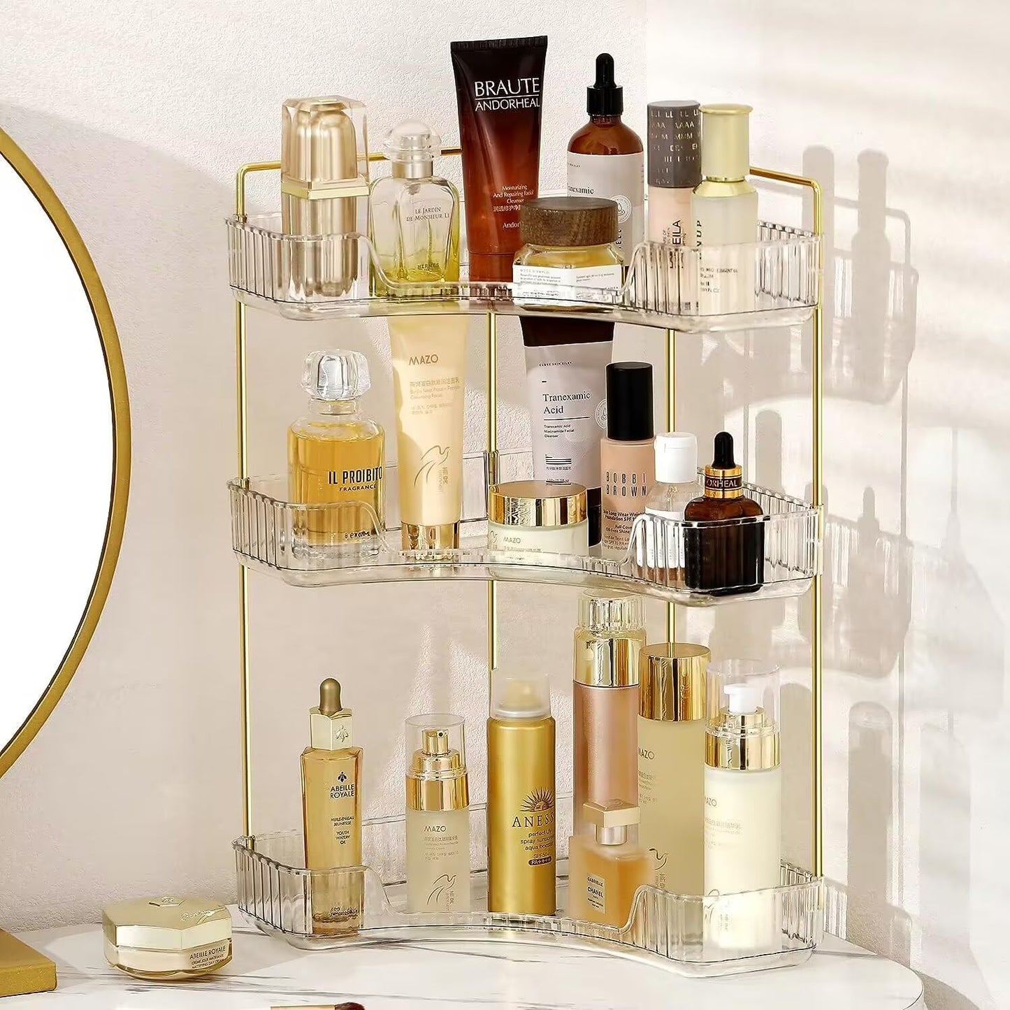 Bingobang Makeup Organiser Corner Trays, 3 Tiers Skincare Cosmetic Organizer Acrylic Large, Storage Tidy for Lipstick, Nail Care, Perfume, Brush, Vanity Dresser, Bedroom, Kitchen, Bathroom(Grey)