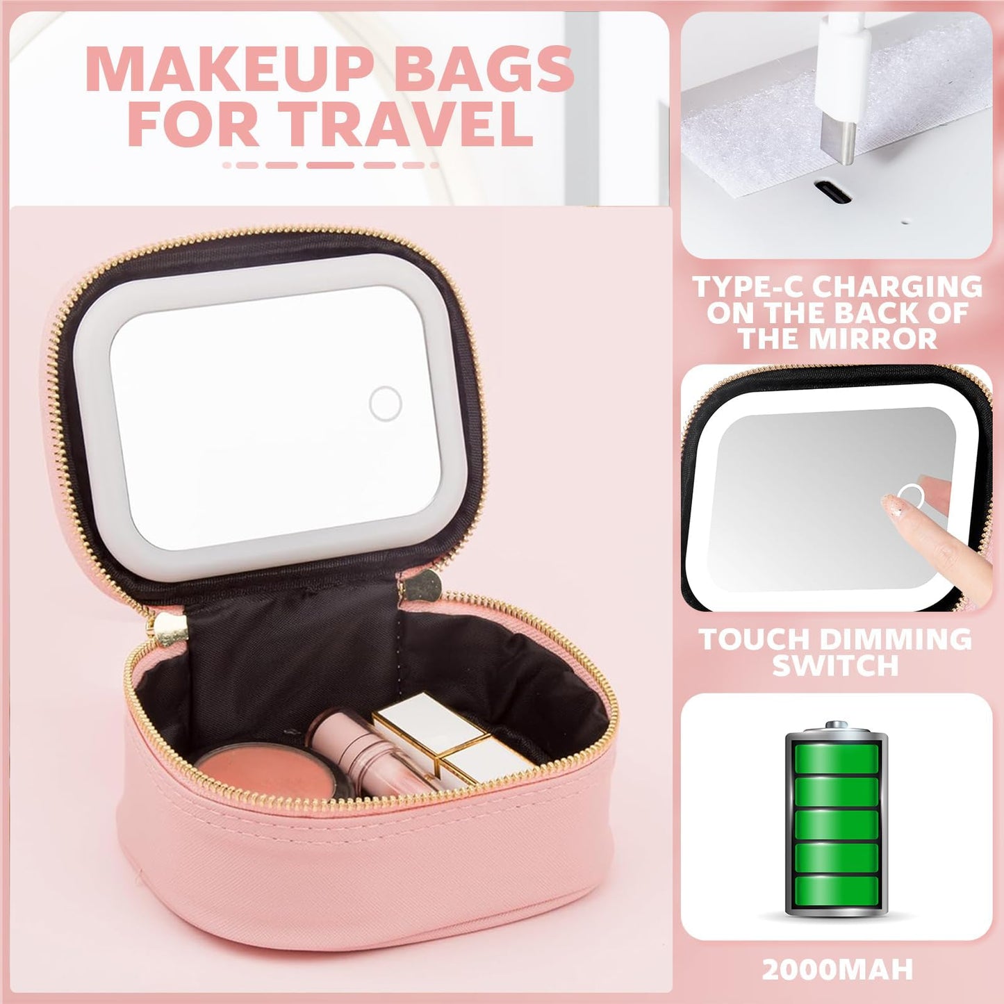 STORICANS Makeup Bag with Mirror, Travel Makeup Organiser Case with Mirror and Light, Mini Cosmetic Organizer, 3 Levels Brightness Adjustable, Portable Artist Storage for Women (Pink)