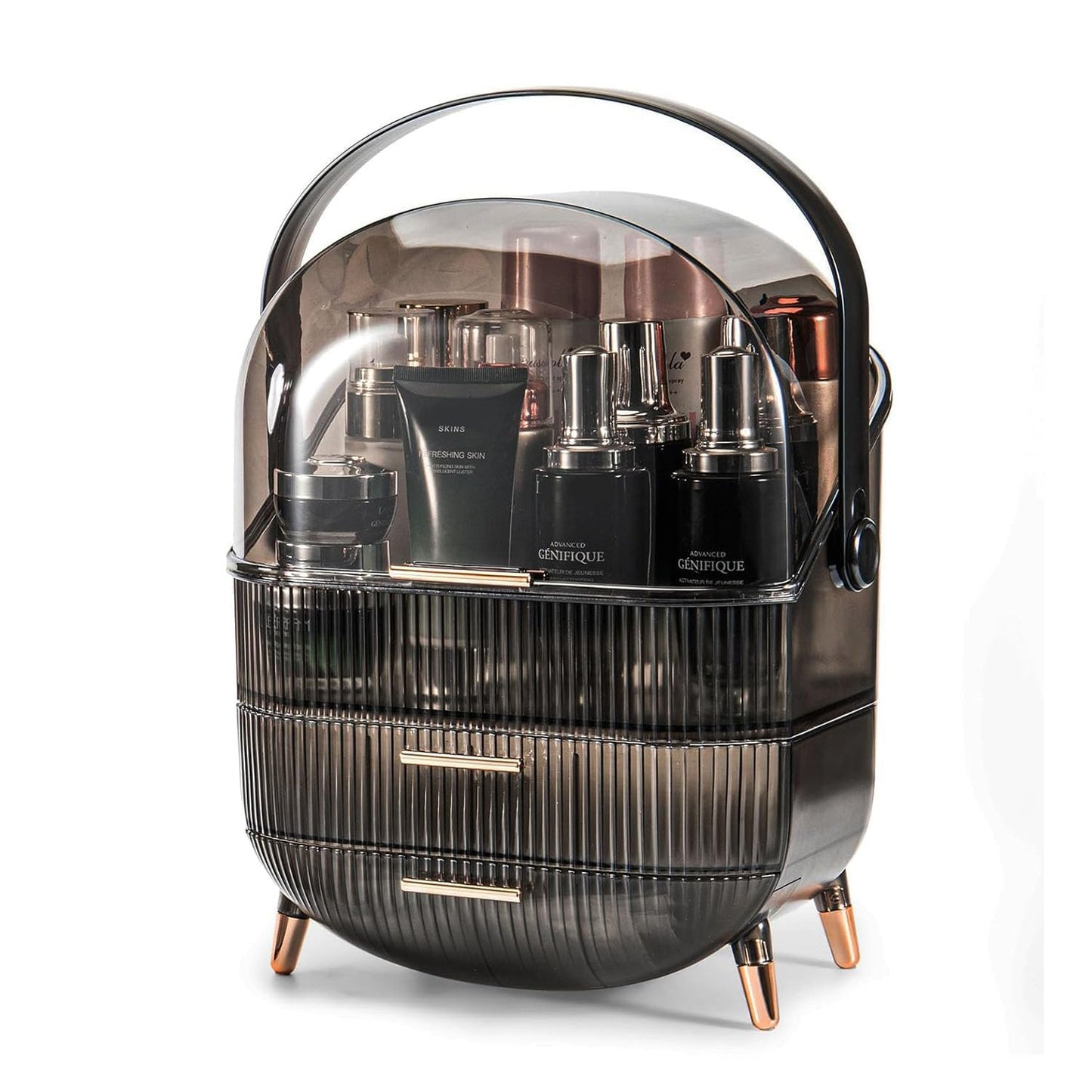 Makeup Organizer Box, Clear Cover Cosmetic Display Case with Two Tier Storage Box and Brush Storage Box, Skincare Organizers for Bathroom Countertop, Bedroom Vanity Desk and Travel (White)