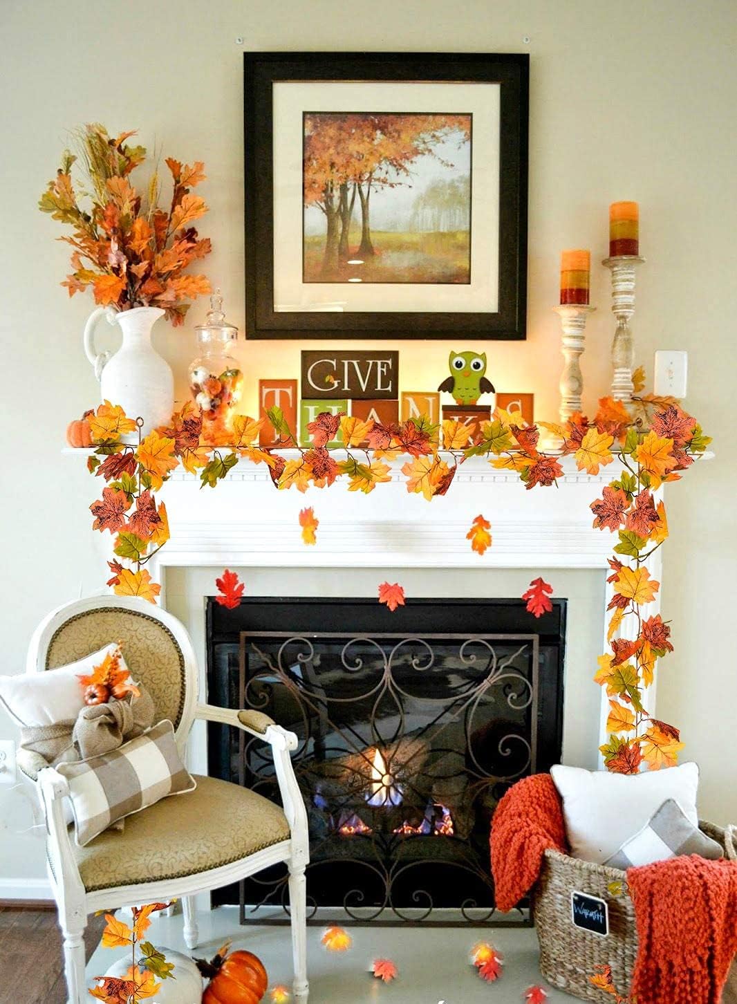 Artificial Autumn Maple Leaves Garland Autumn Decorations, Fall Hanging Plant for Home Garden Wall Doorway Backdrop Fireplace Decoration, Wedding Party Thanksgiving Decor,Yellow,1.75m