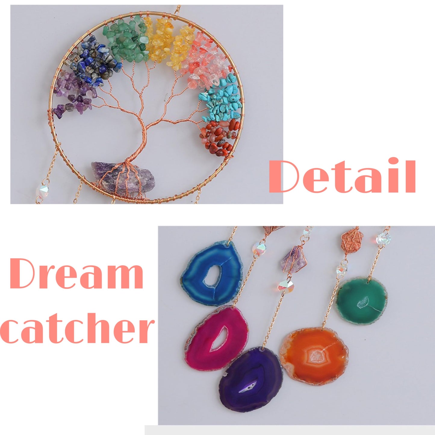 Moon Crystals Tree of Life Dream Catchers,Natural Gem Agate Wall Hangings for Windows Garden Home Décor (New moon shape)