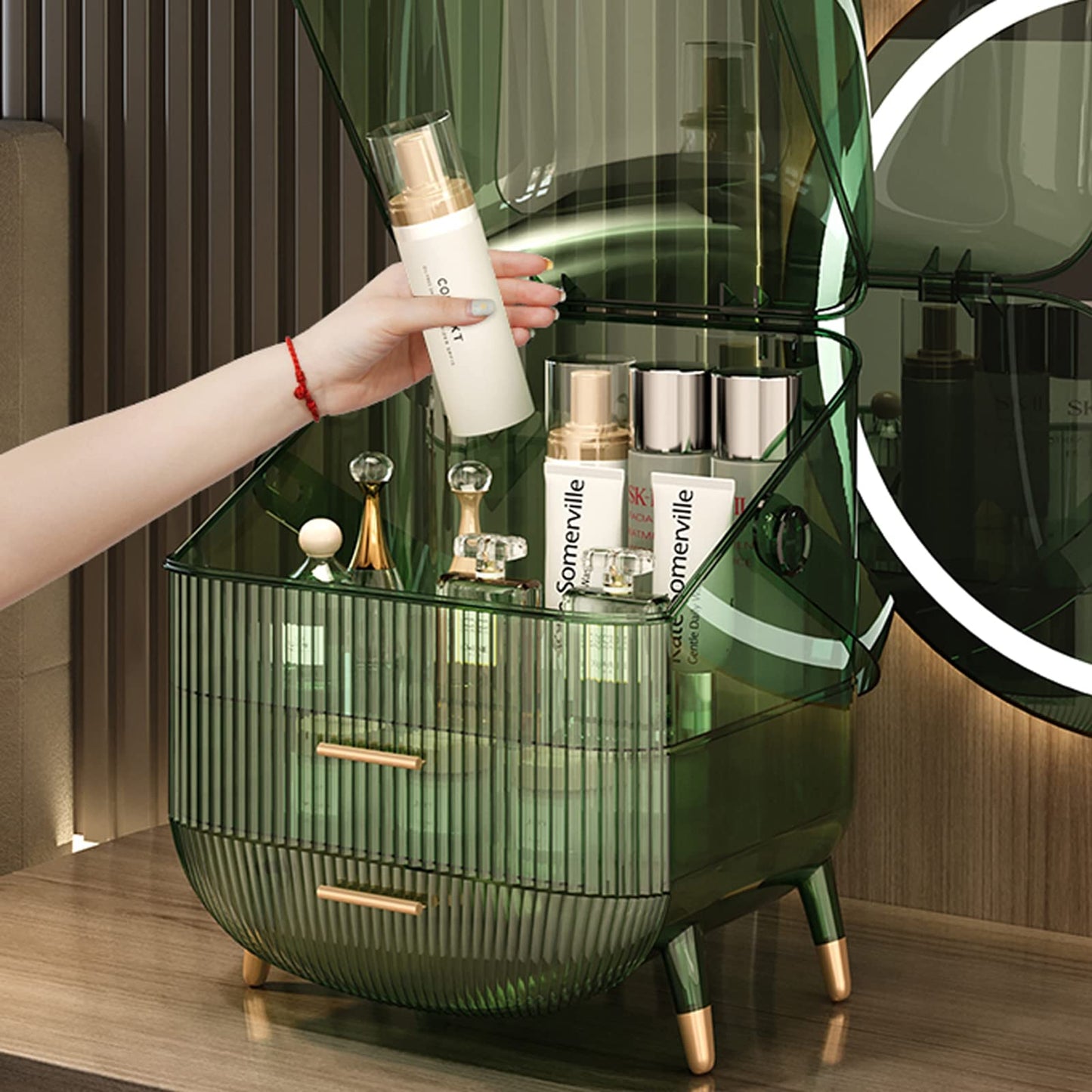 Multi-Function Make Up Case Dustproof Cosmetic Storage Box, Organizer Skin Care Products Jewelry Organizer Finishing Box for Bedroom Bathroom Desktop (Pink)