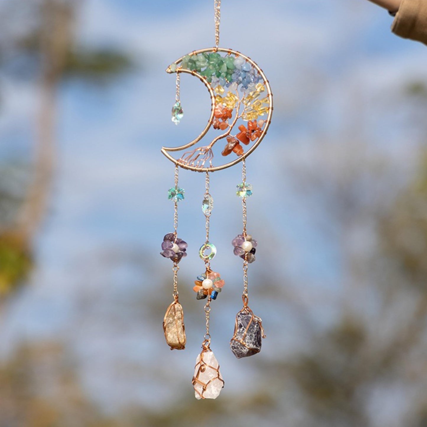 Moon Crystals Tree of Life Dream Catchers,Natural Gem Agate Wall Hangings for Windows Garden Home Décor (New moon shape)