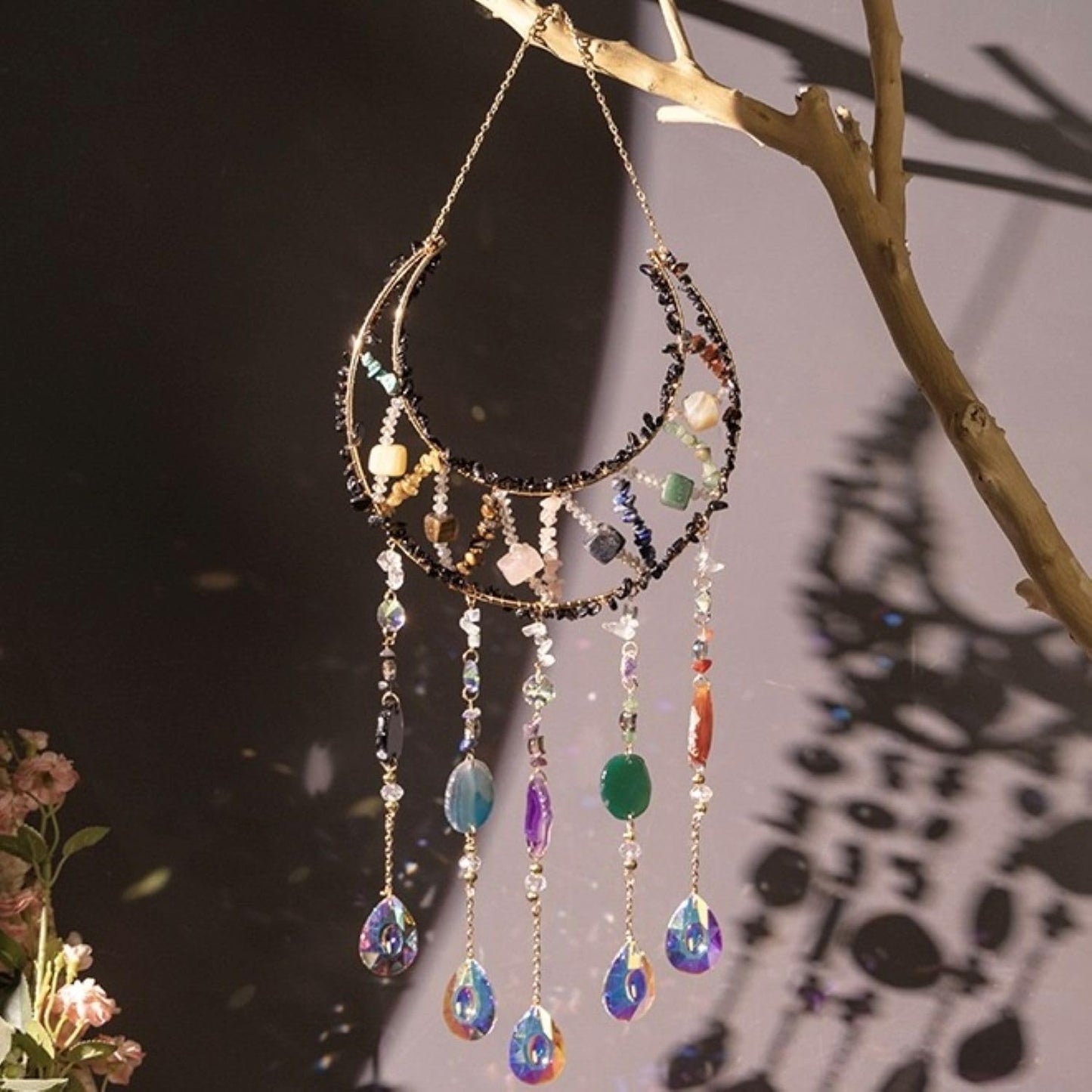 Moon Crystals Tree of Life Dream Catchers,Natural Gem Agate Wall Hangings for Windows Garden Home Décor (New moon shape)