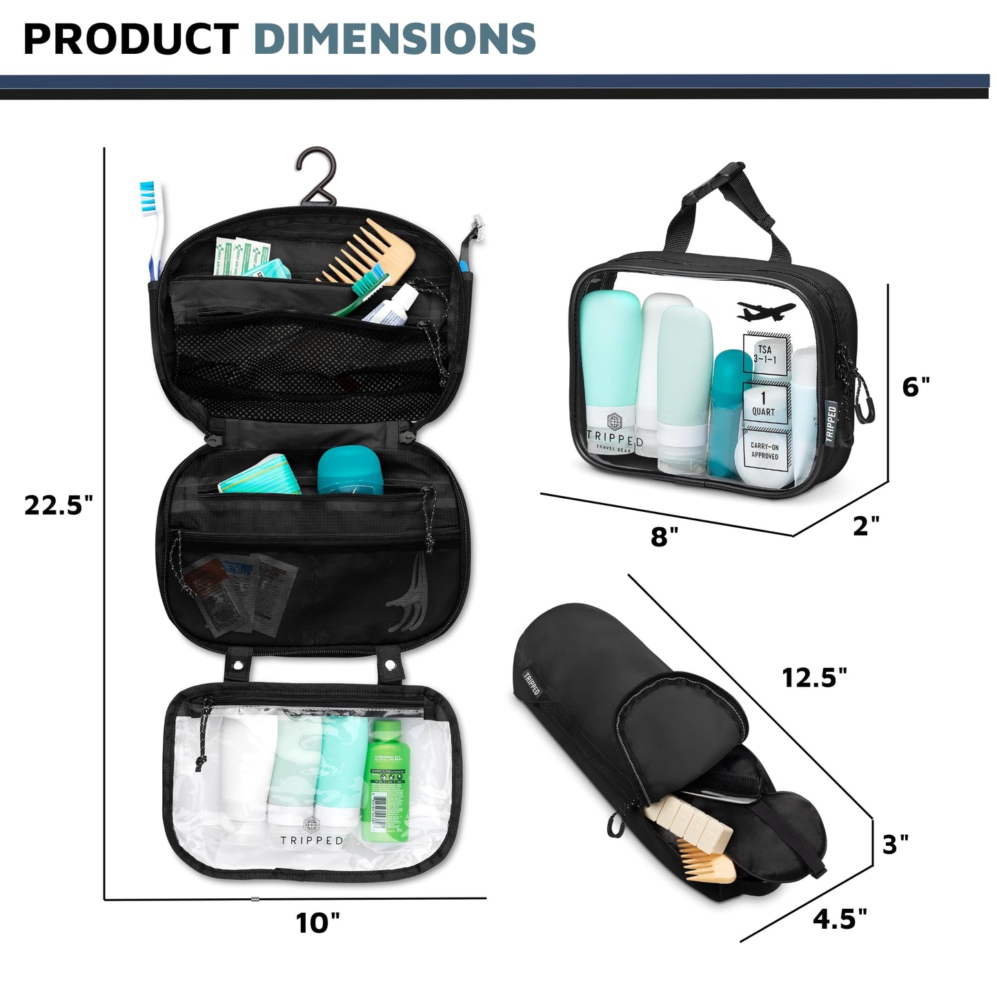 Toiletry Bag Kit Set: Hanging Travel Toiletry Bag + 311 TSA Cosmetic Liquid Bag + Ultralight Accessory Organizer Pouch, Navy, 3 Piece Toiletry Set