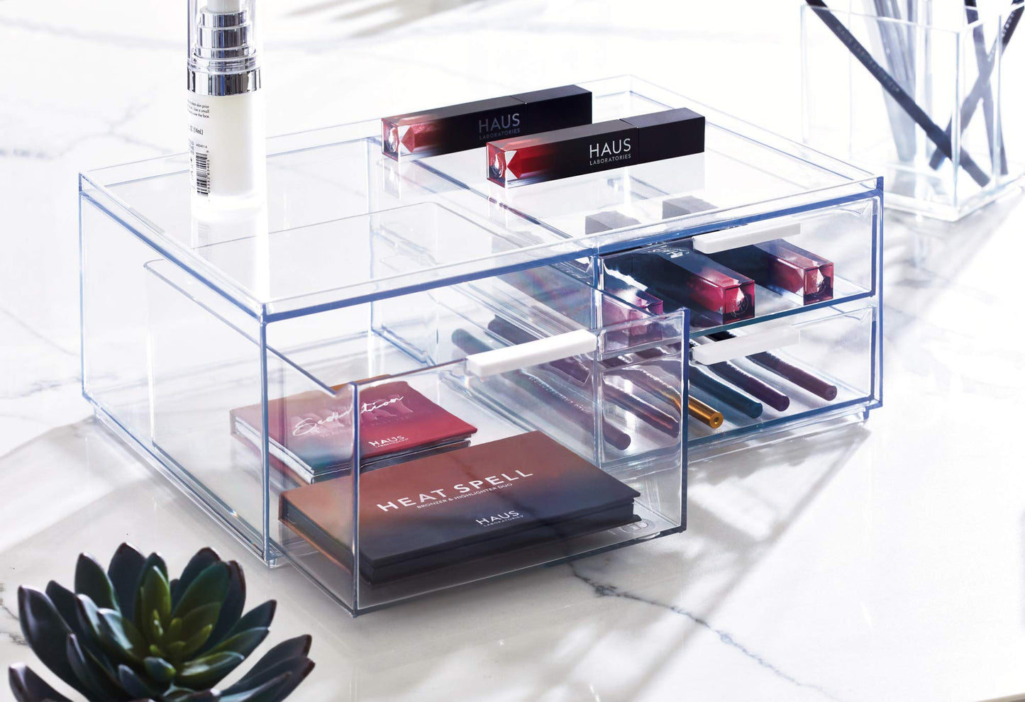 iDesign Storage Drawer from the Signature Series by Sarah Tanno, Rectangular PET Makeup Tray for Beauty Products, Cosmetic Organiser System, Clear/Matte White, 10.2 cm x 20.3 cm x 5 cm
