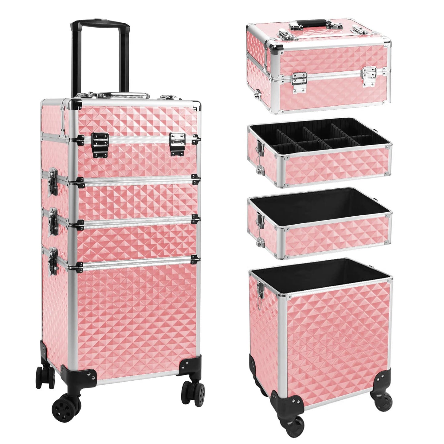 EBANKU Makeup Train Cases 4 in 1, Portable Professional Cosmetic Travel Case Nail Polish Hair Products Rolling Makeup Travel Organizer, with 360° Swivel Wheels,Pink