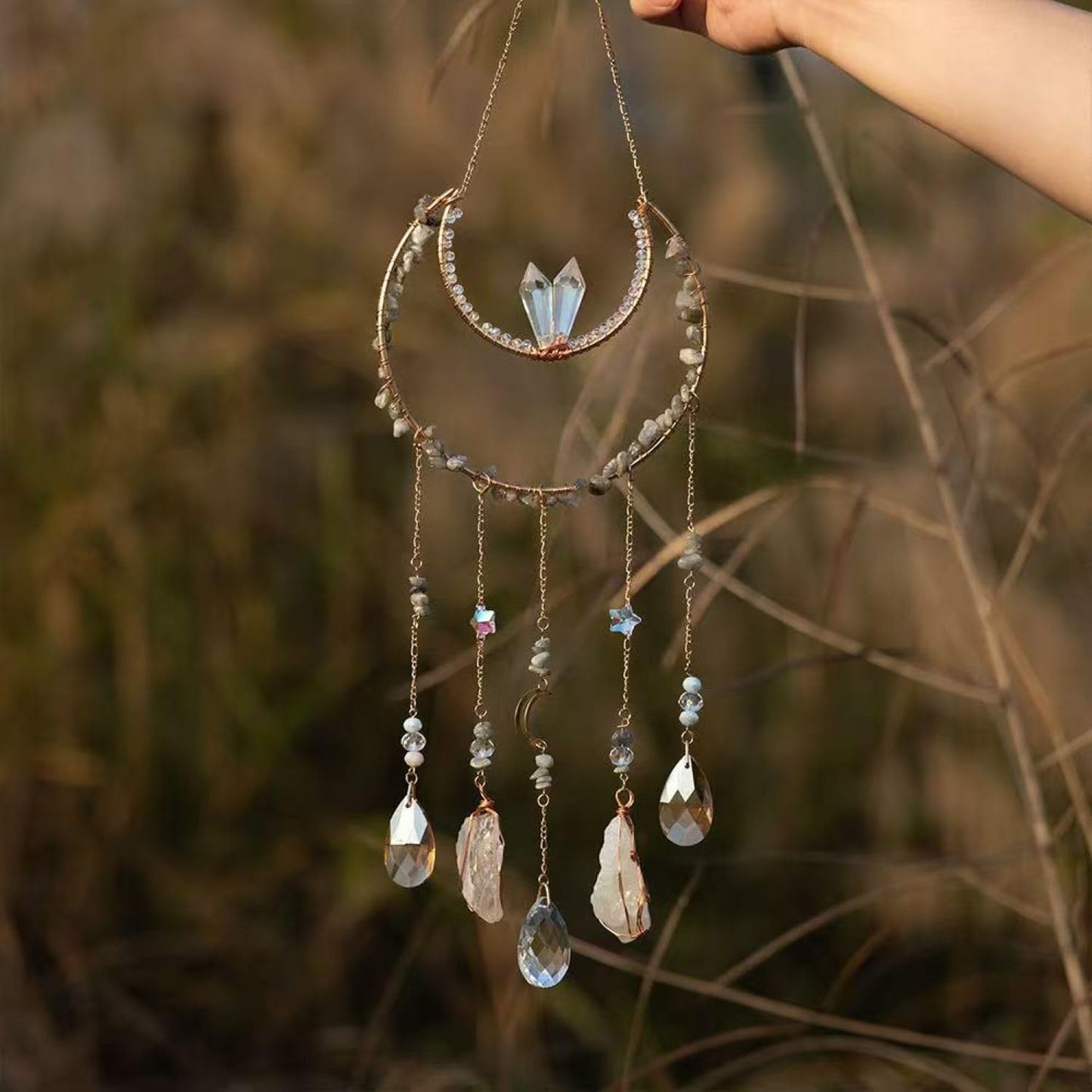 Moon Crystals Tree of Life Dream Catchers,Natural Gem Agate Wall Hangings for Windows Garden Home Décor (New moon shape)