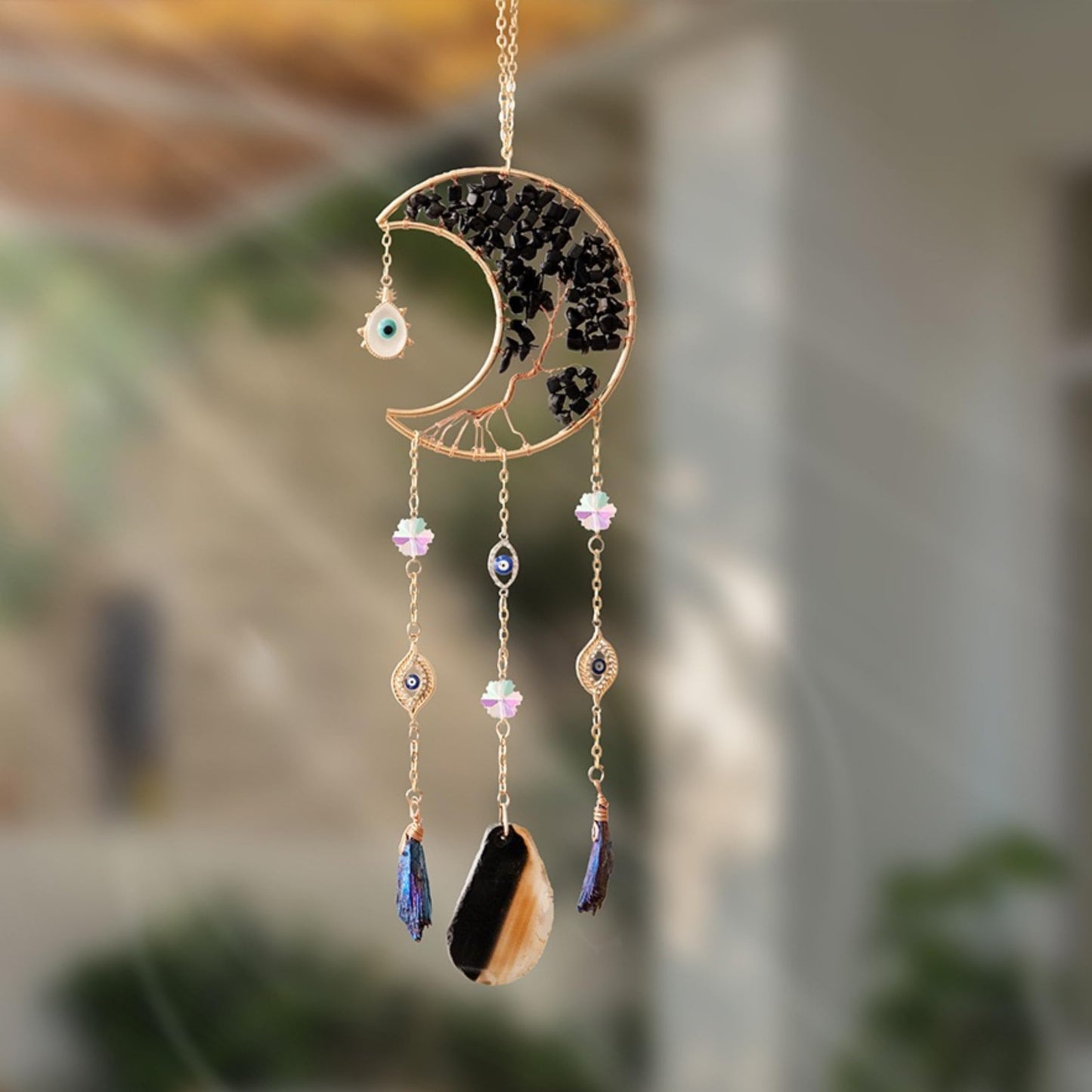 Moon Crystals Tree of Life Dream Catchers,Natural Gem Agate Wall Hangings for Windows Garden Home Décor (New moon shape)