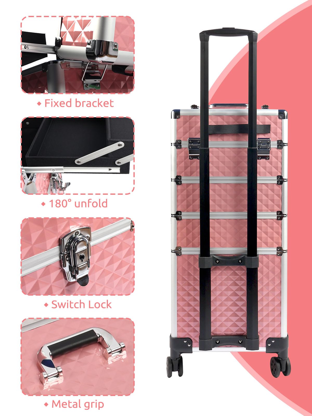 EBANKU Makeup Train Cases 4 in 1, Portable Professional Cosmetic Travel Case Nail Polish Hair Products Rolling Makeup Travel Organizer, with 360° Swivel Wheels,Pink