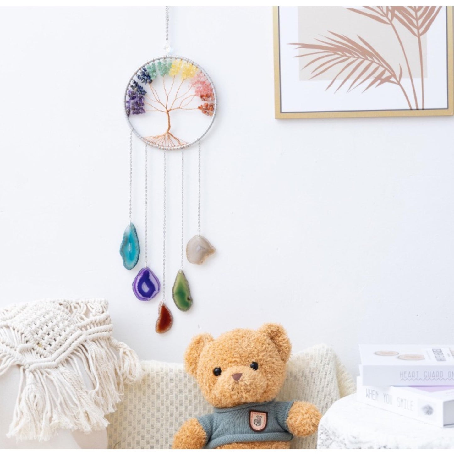 Moon Crystals Tree of Life Dream Catchers,Natural Gem Agate Wall Hangings for Windows Garden Home Décor (New moon shape)